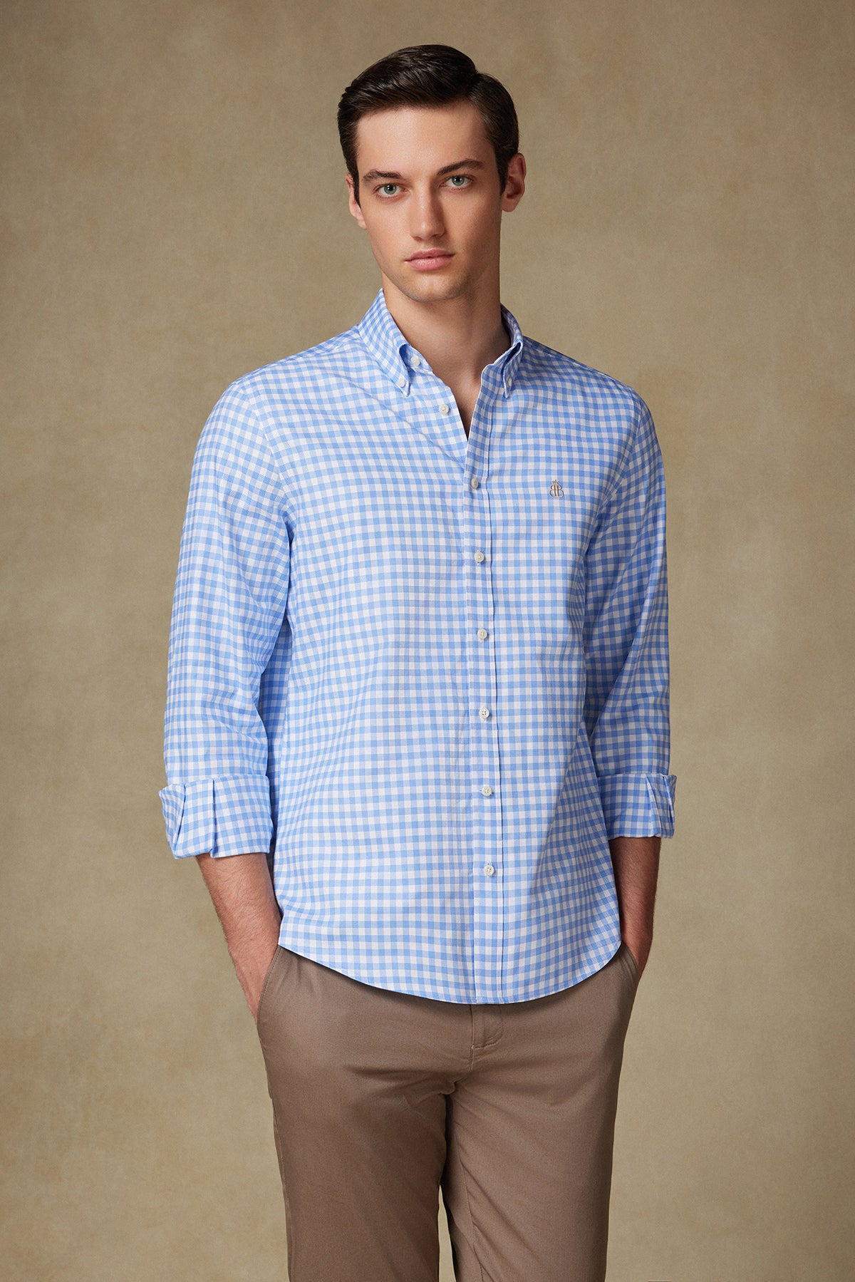 Abbate Lusso Twill Pamuklu Comfort Fit Açık Mavi Düğmeli Yaka Erkek Kareli Gömlek