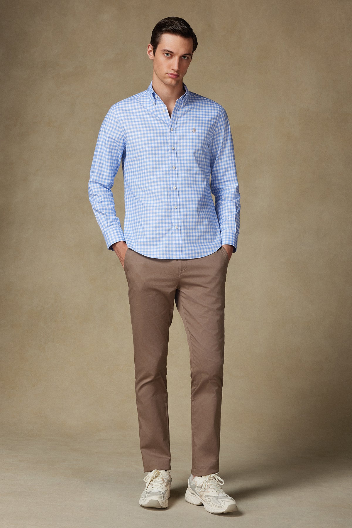 Abbate Lusso Twill Pamuklu Comfort Fit Açık Mavi Düğmeli Yaka Erkek Kareli Gömlek