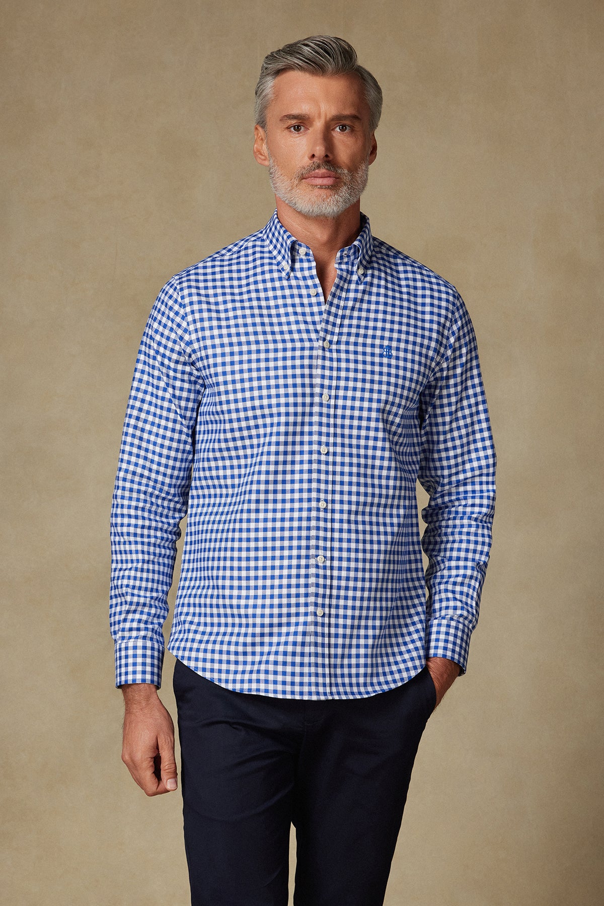 Abbate Lusso Twill Pamuklu Comfort Fit Lacivert Düğmeli Yaka Erkek Kareli Gömlek