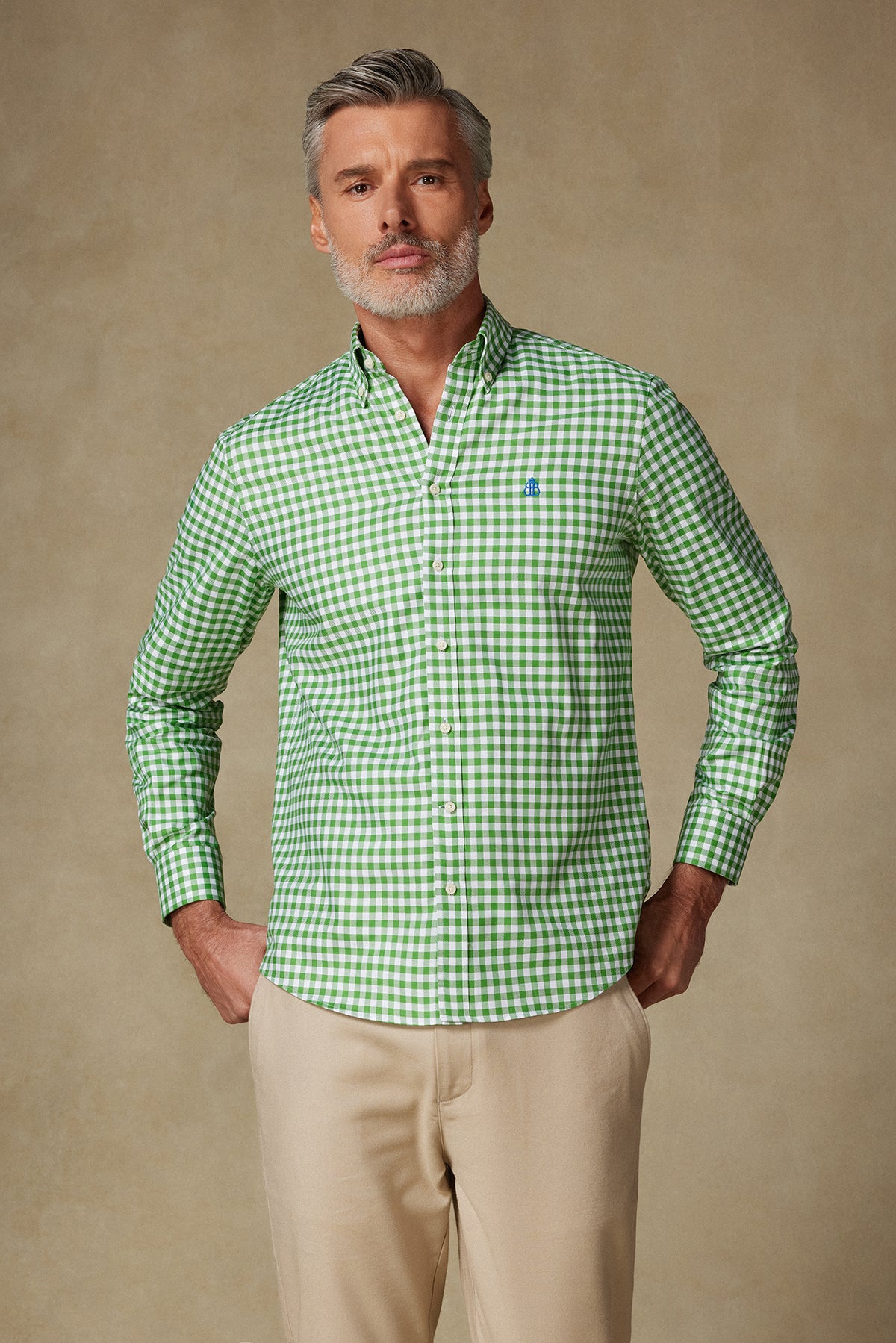 Abbate Lusso Twill %100 Pamuk Comfort Fit Yeşil Düğmeli Yaka Erkek Kareli Gömlek