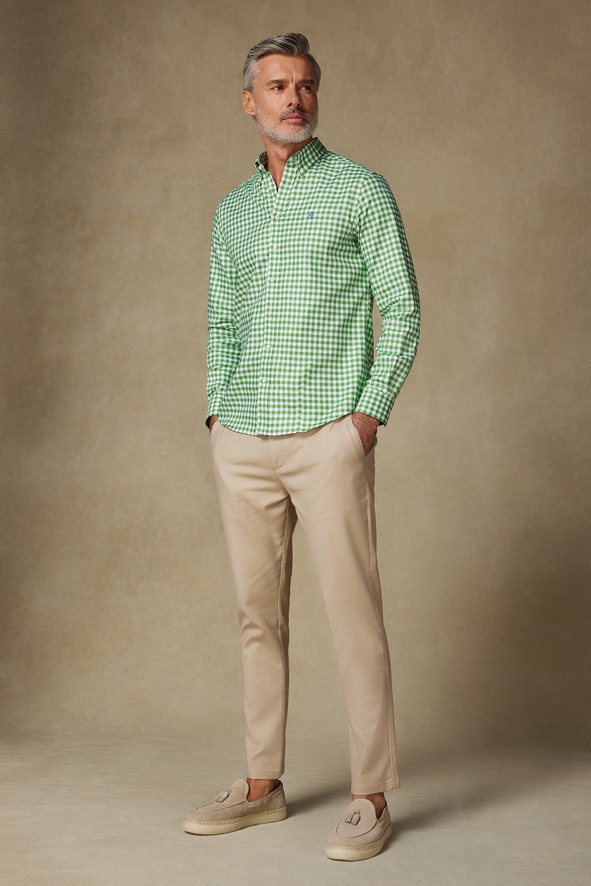 Abbate Lusso Twill Pamuklu Comfort Fit Yeşil Düğmeli Yaka Erkek Kareli Gömlek