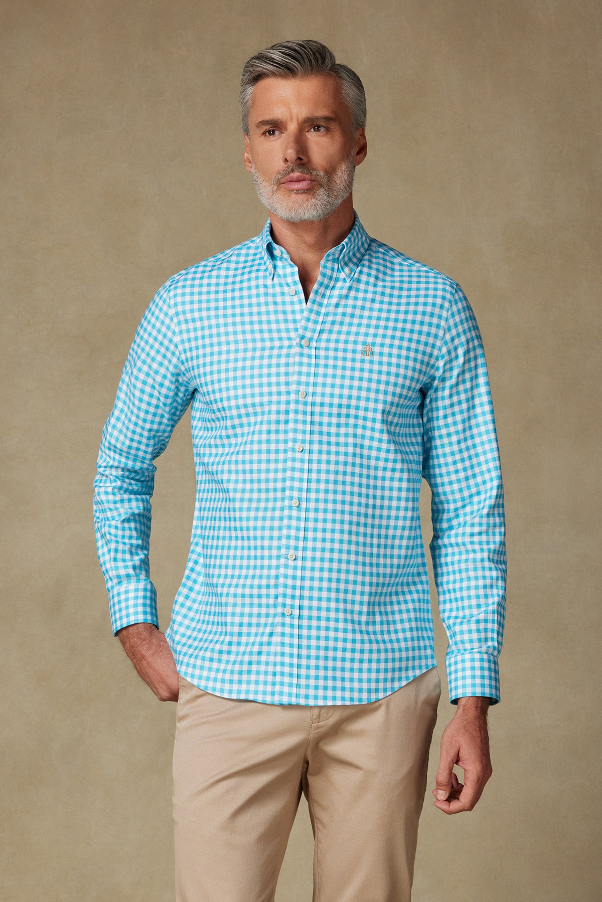 Abbate Lusso Twill Pamuklu Comfort Fit Turkuaz Düğmeli Yaka Erkek Kareli Gömlek