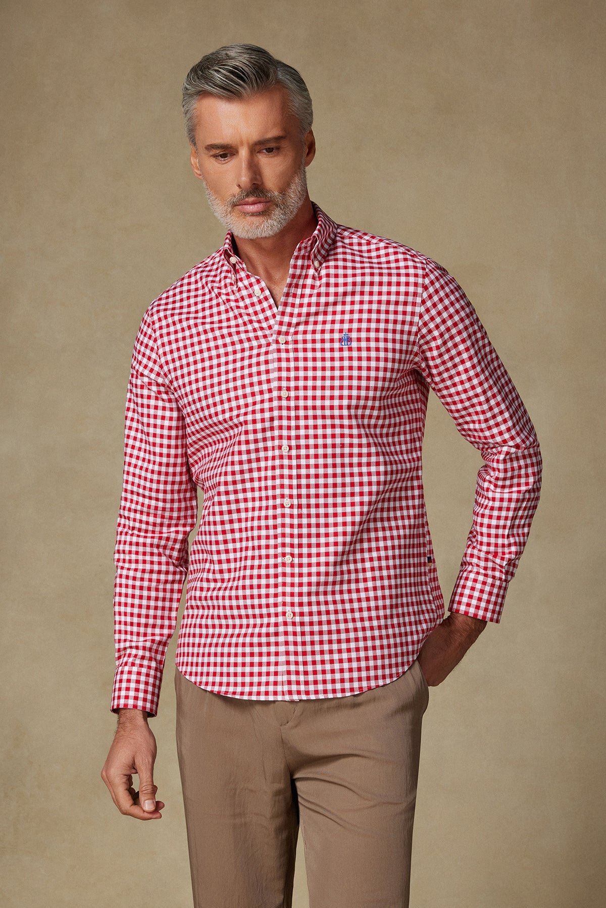 Abbate Lusso Twill Pamuklu Comfort Fit Kırmızı Düğmeli Yaka Erkek Kareli Gömlek