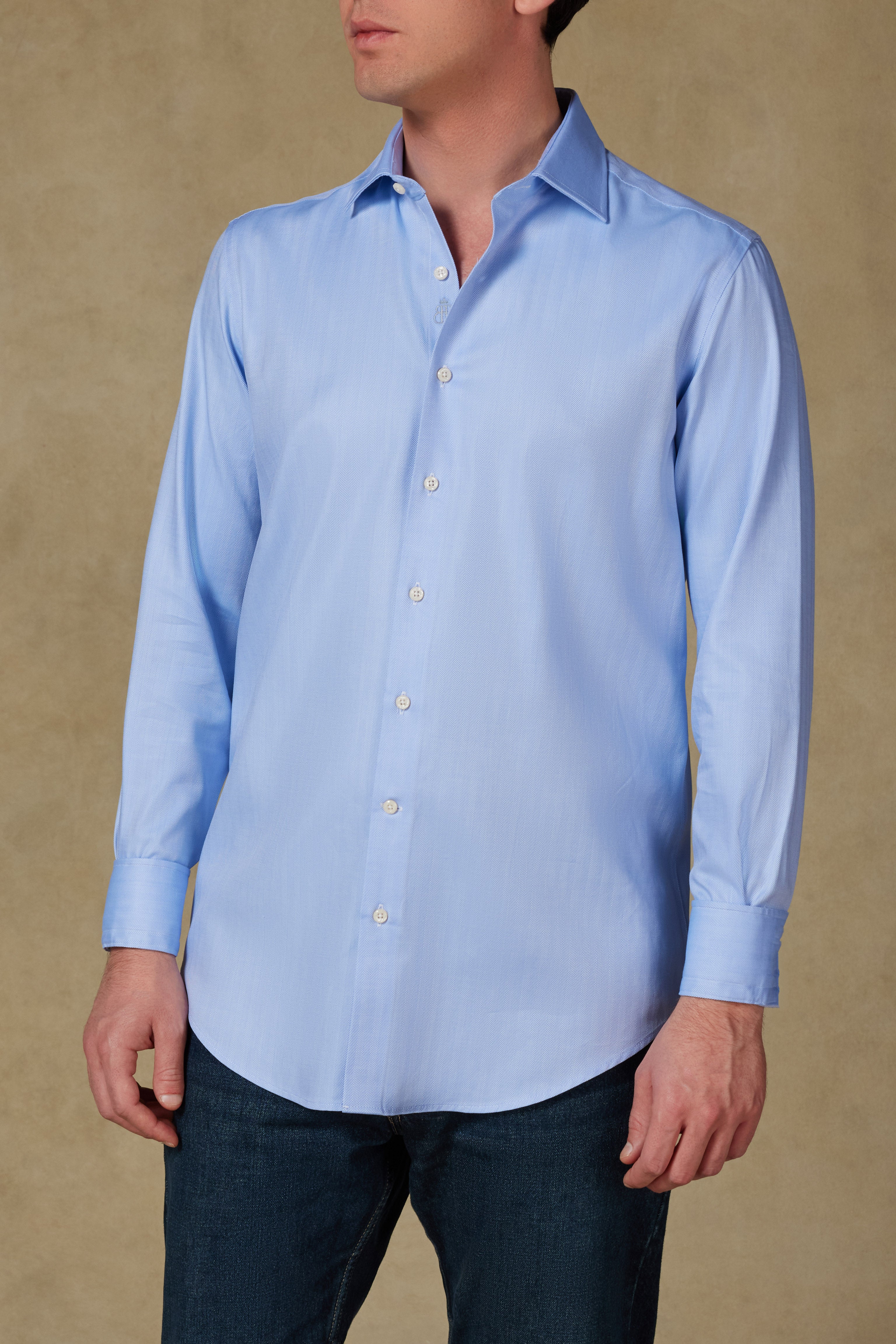 Abbate Marco Herringbone Pamuklu Slim Fit Açık Mavi Klasik Yaka Erkek Düz Gömlek