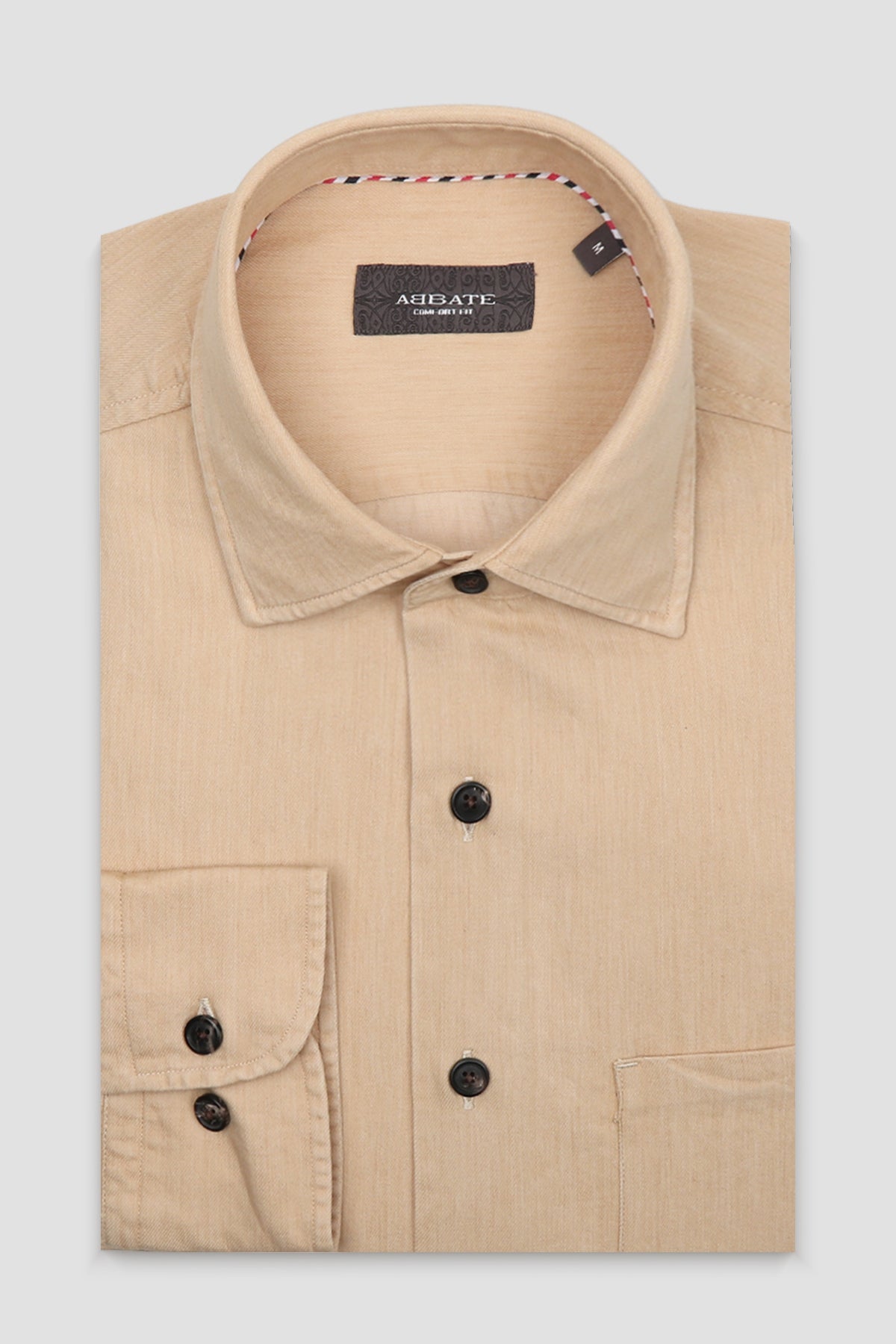 Abbate Santo Twill Pamuklu Comfort Fit Koyu Bej Düğmeli Yaka Erkek Düz Gömlek