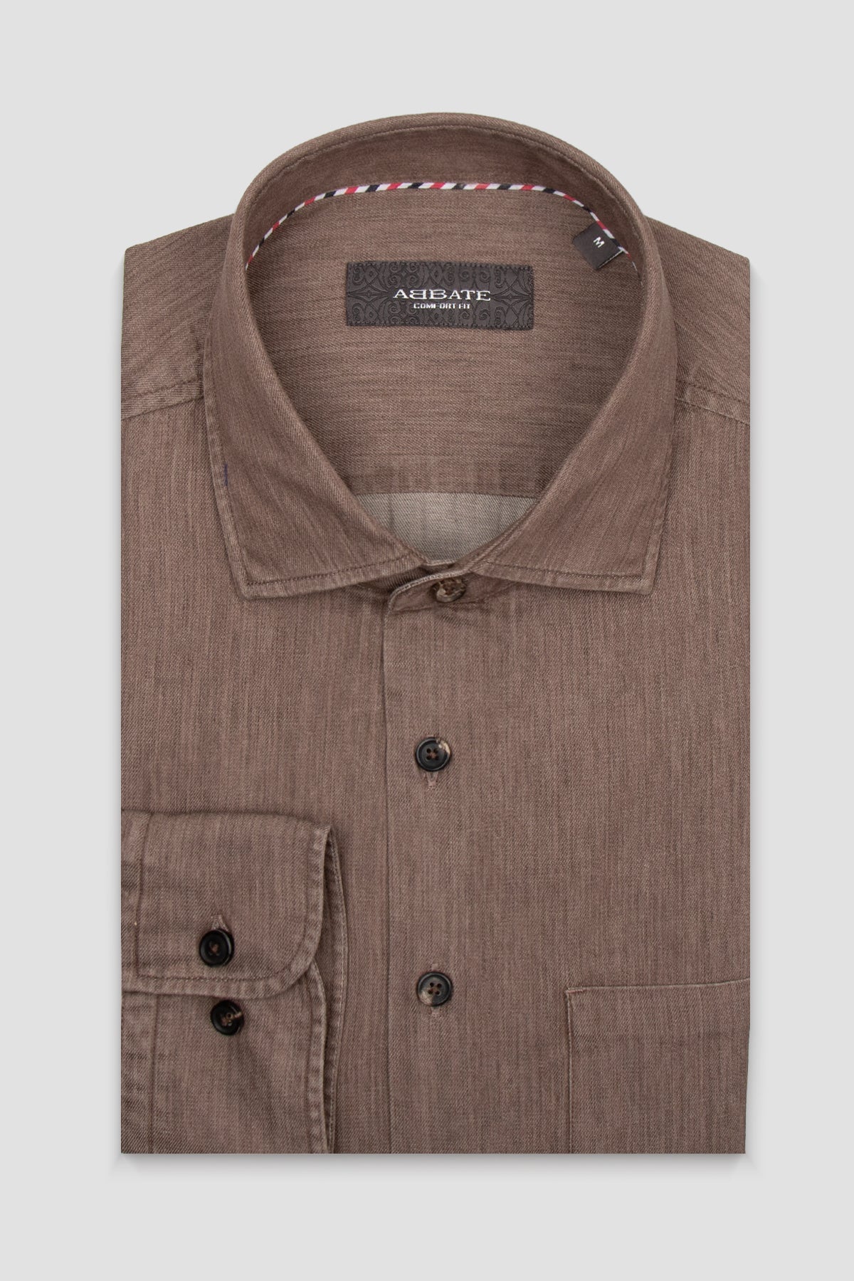 Abbate Santo Twill Pamuklu Comfort Fit Kahverengi Düğmeli Yaka Erkek Düz Gömlek