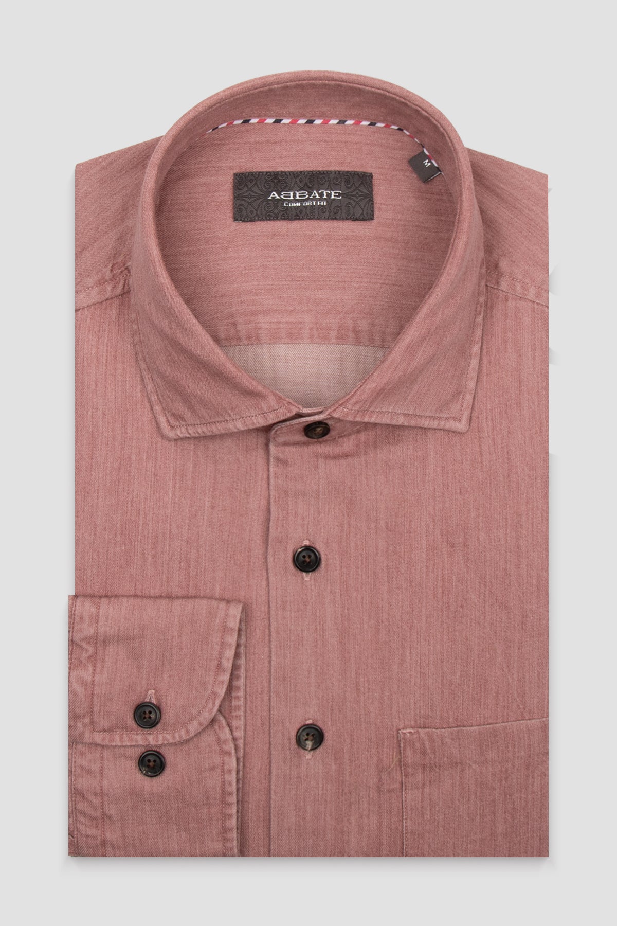 Abbate Santo Twill Pamuklu Comfort Fit Pembe Düğmeli Yaka Erkek Düz Gömlek