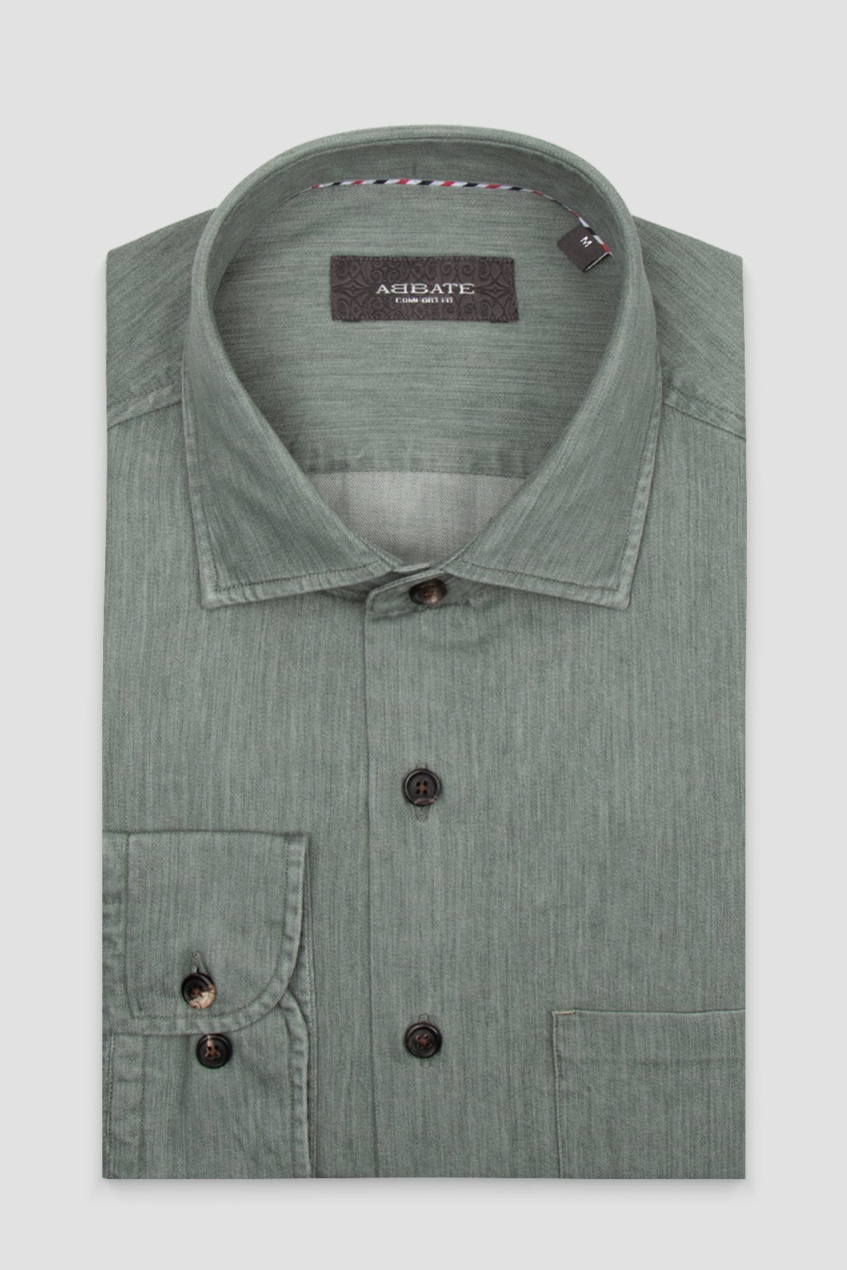 Abbate Santo Twill Pamuklu Comfort Fit Yeşil Düğmeli Yaka Erkek Düz Gömlek