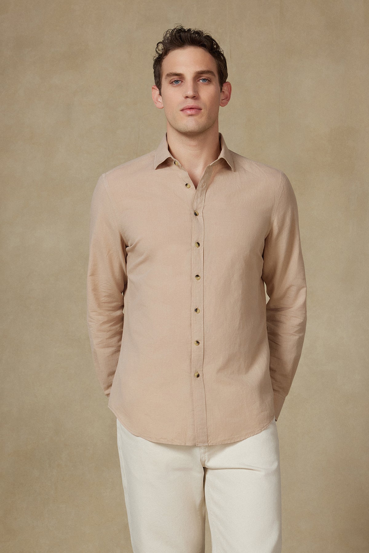 Abbate Costa Keten Pamuk Keten Karışımlı Comfort Fit Bej Klasik Yaka Erkek Düz Gömlek