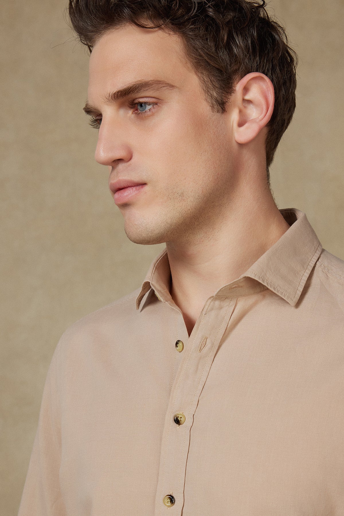 Abbate Costa Keten Pamuk Keten Karışımlı Comfort Fit Bej Klasik Yaka Erkek Düz Gömlek