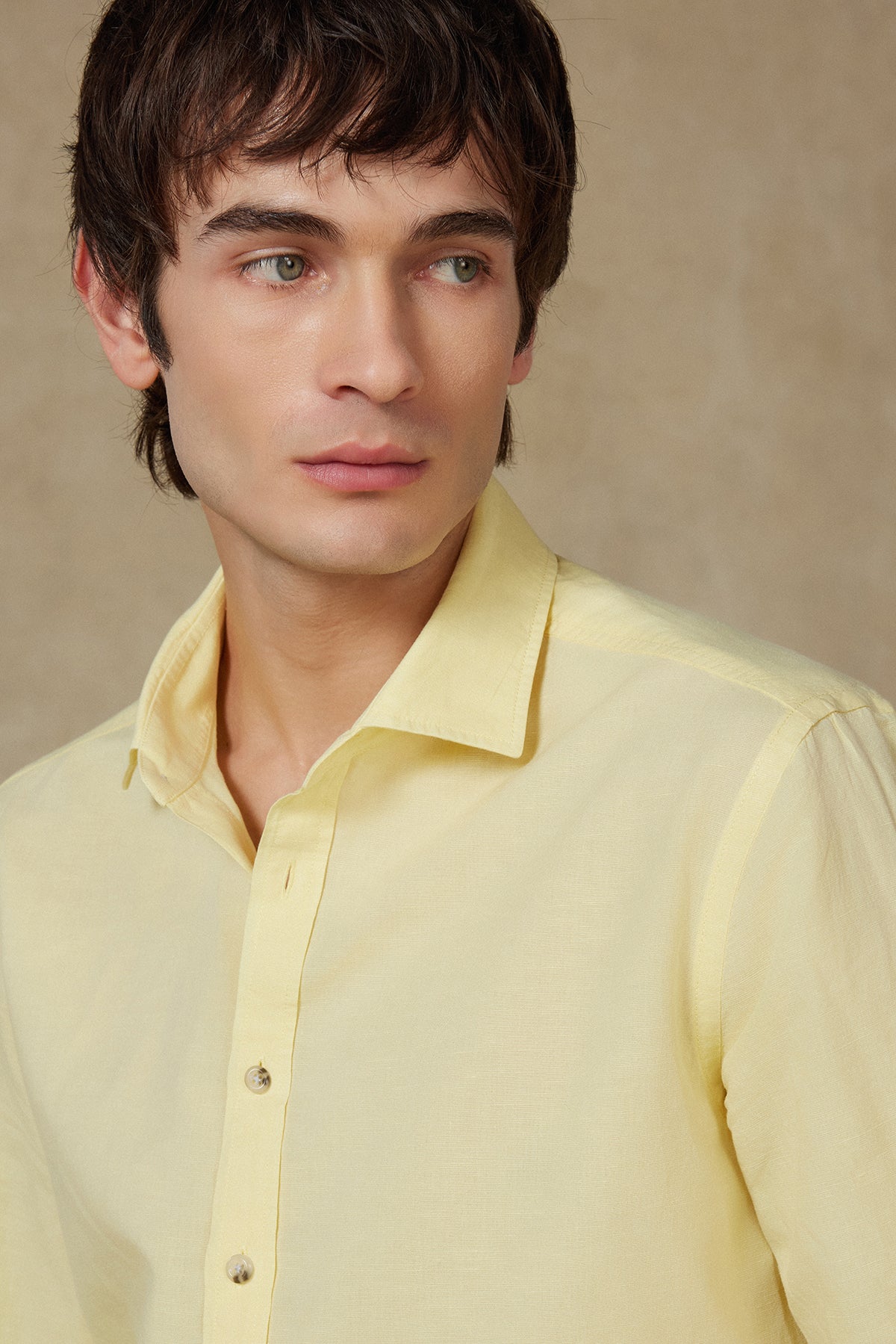 Abbate Costa Keten Pamuk Keten Karışımlı Comfort Fit Sarı Klasik Yaka Erkek Düz Gömlek