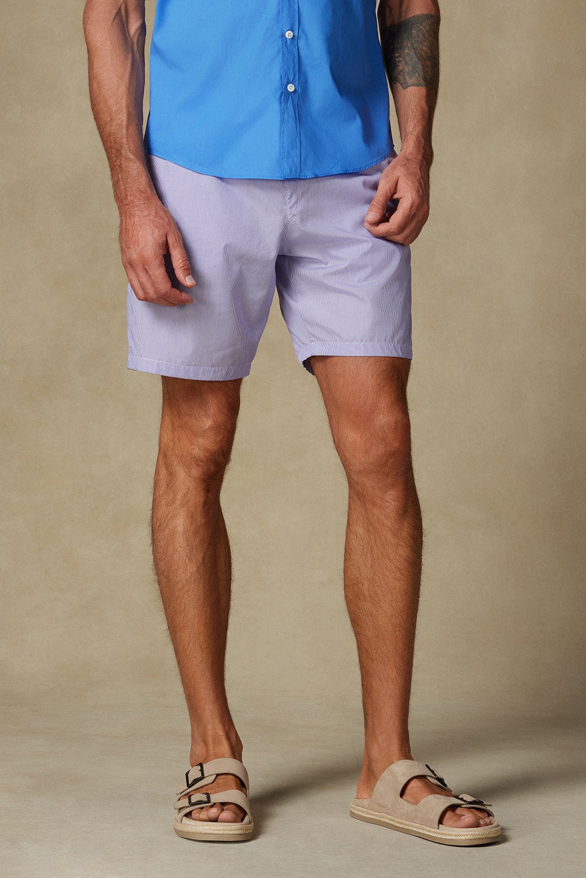 Abbate Sky Poplin Pamuklu Comfort Fit Mor Erkek Çizgili Şort