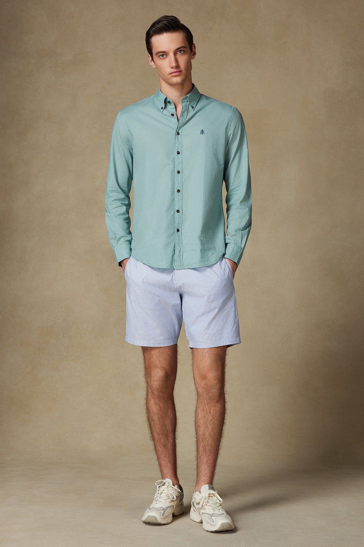 Abbate Sky Oxford Stretch Pamuk Karışımlı Comfort Fit Koyu Mavi Erkek Çizgili Şort