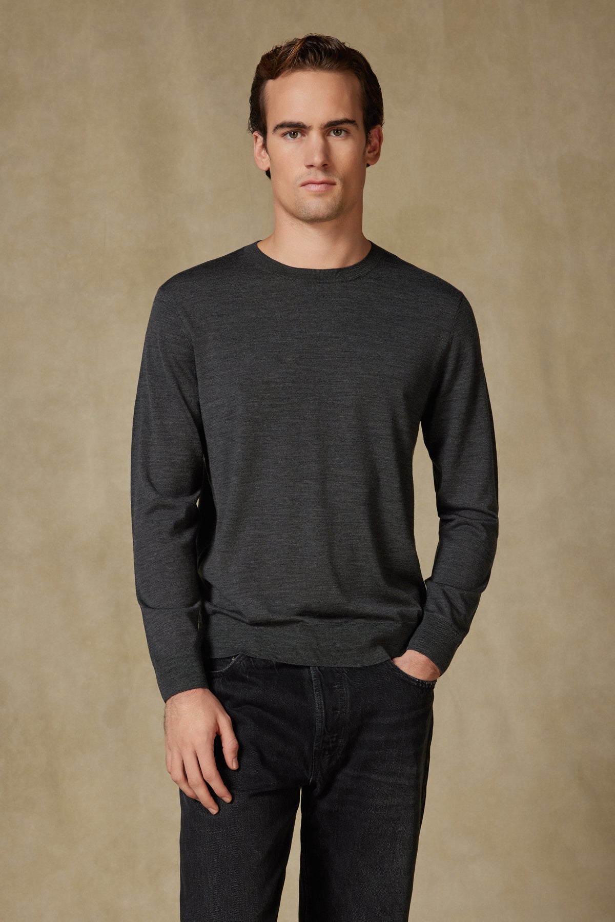 Abbate Salvano Örme %100 Yün Modern Fit Gri Bisiklet Yaka Erkek Düz Triko