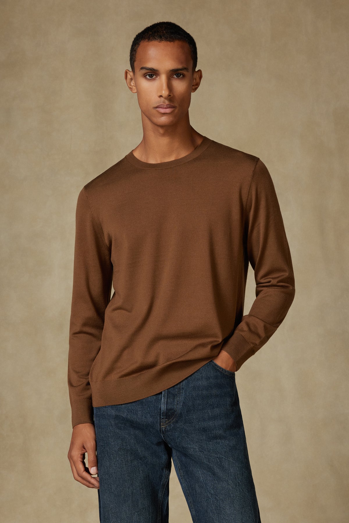 Abbate Salvano Örme %100 Yün Modern Fit Kahverengi Bisiklet Yaka Erkek Düz Triko