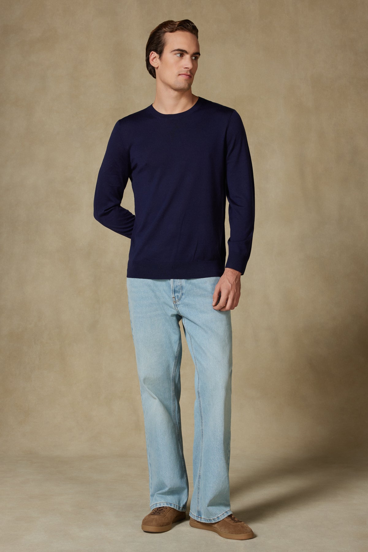 Abbate Salvano Örme %100 Yün Modern Fit Lacivert Bisiklet Yaka Erkek Düz Triko