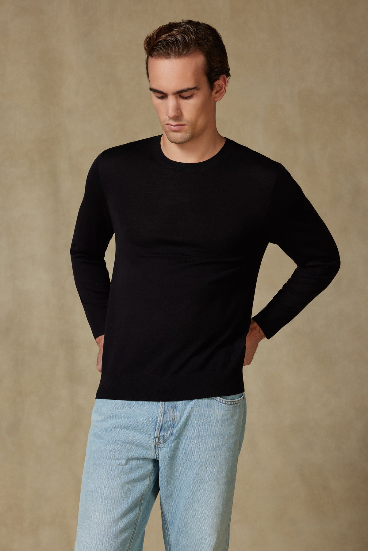 Abbate Salvano Örme %100 Yün Modern Fit Siyah Bisiklet Yaka Erkek Düz Triko