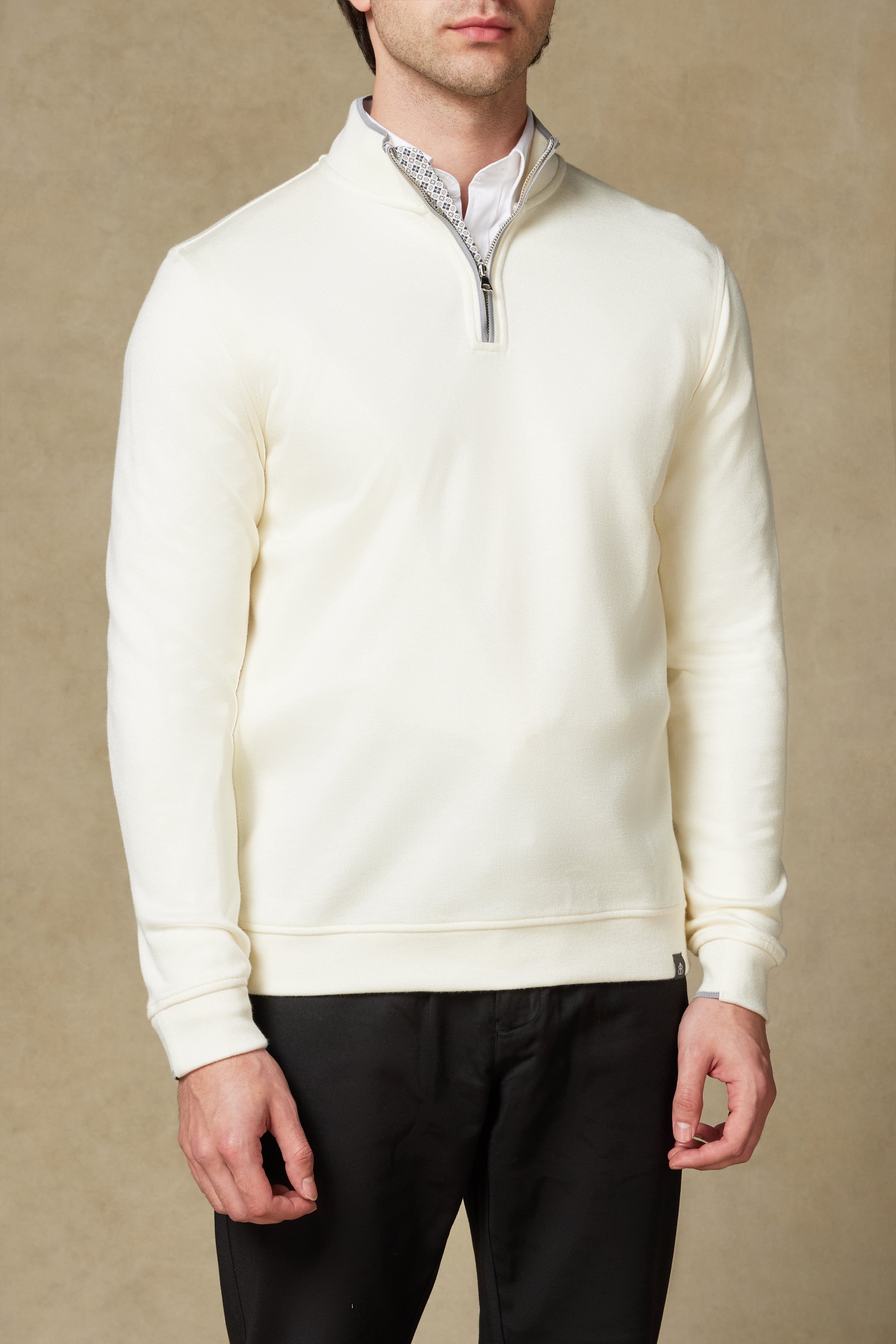 Abbate Fiero Örme Kumaş Viskon Karışımlı Modern Fit Ekru Dik Yaka Erkek Düz Sweatshirt