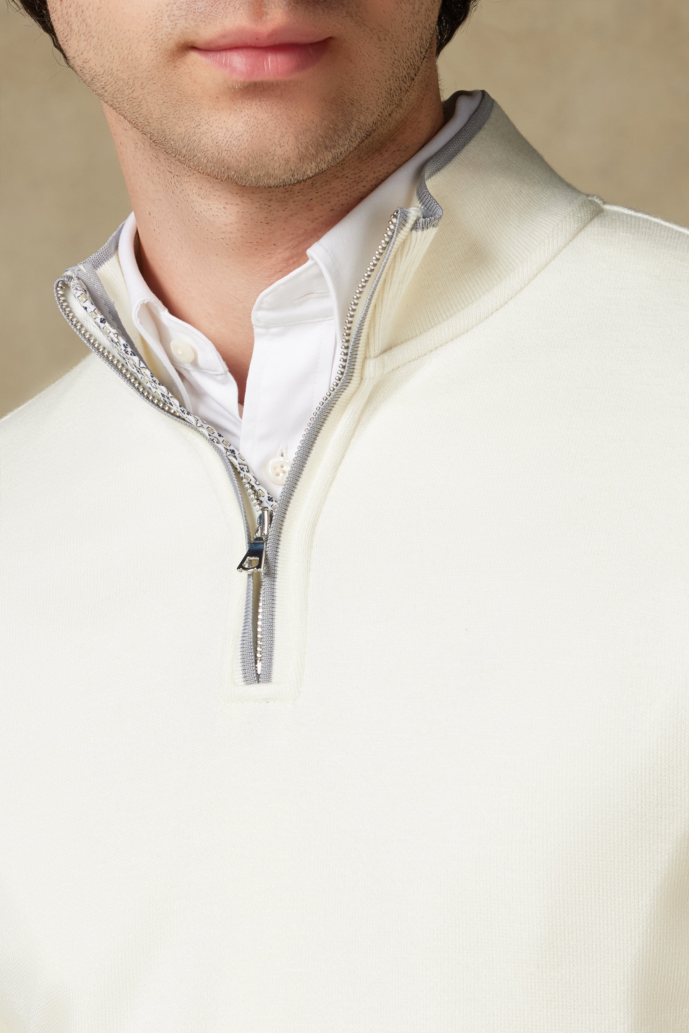 Abbate Fiero Örme Kumaş Viskon Karışımlı Modern Fit Ekru Dik Yaka Erkek Düz Sweatshirt