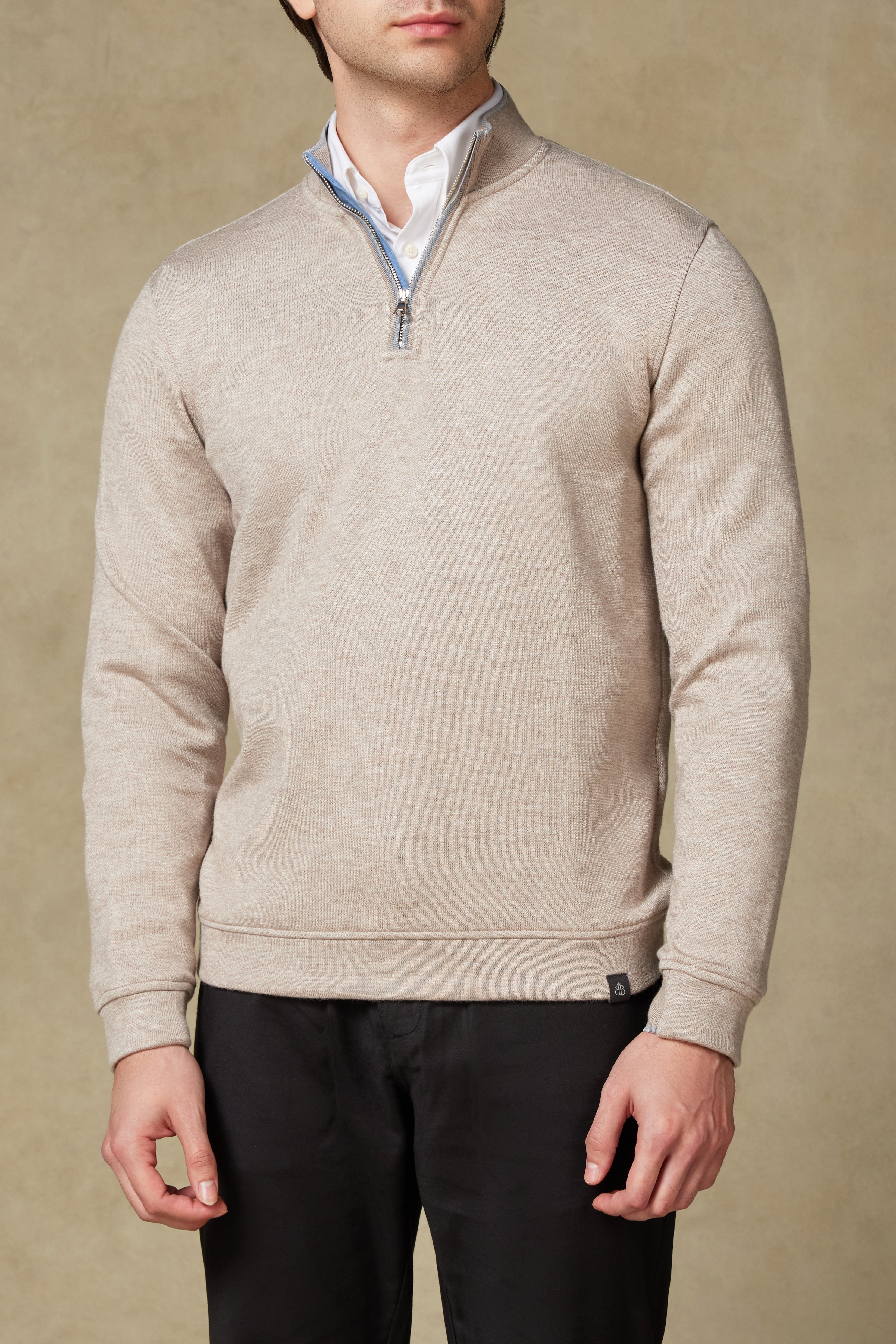 Abbate Fiero Örme Kumaş Viskon Karışımlı Modern Fit Bej Dik Yaka Erkek Düz Sweatshirt