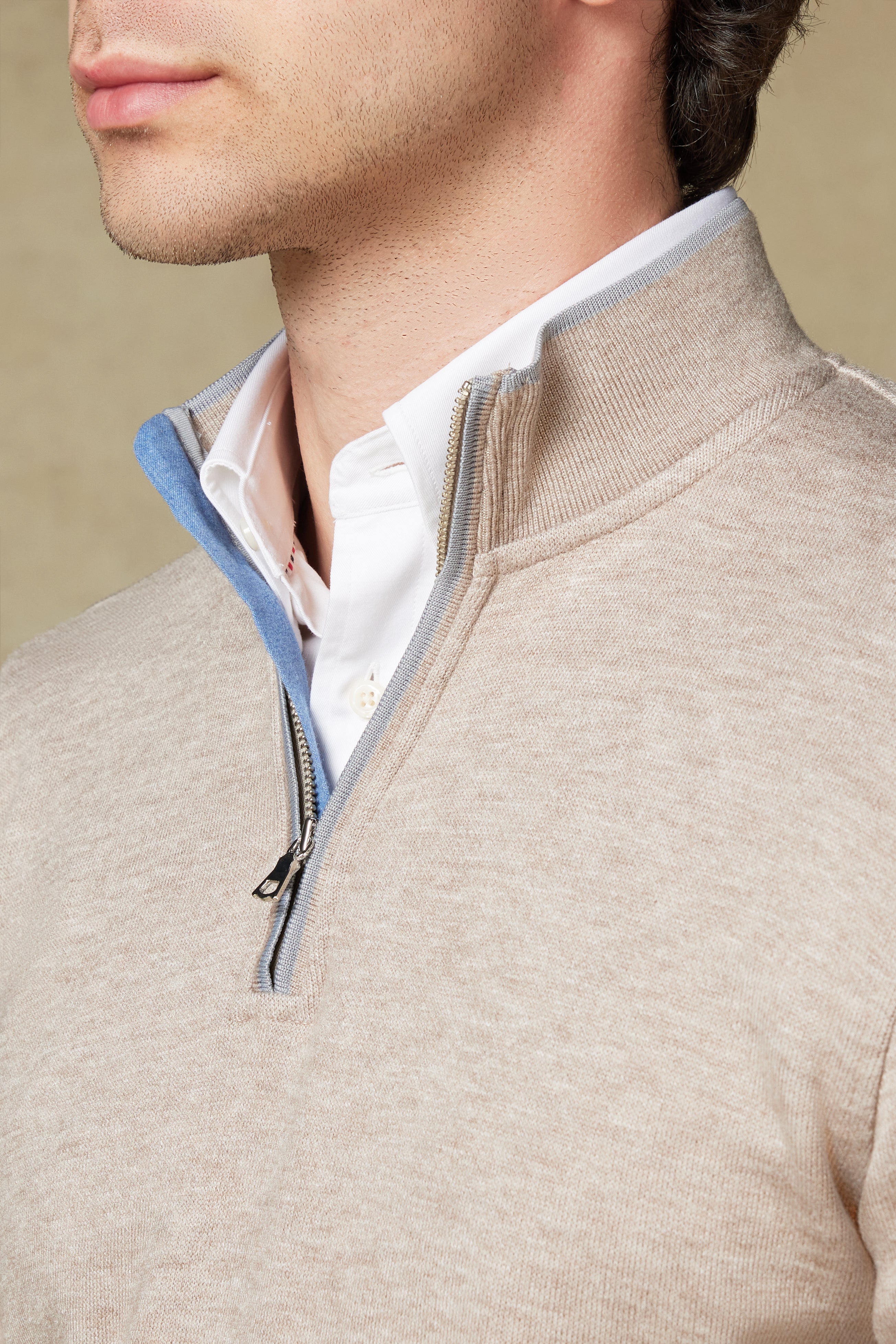 Abbate Fiero Örme Kumaş Viskon Karışımlı Modern Fit Bej Dik Yaka Erkek Düz Sweatshirt