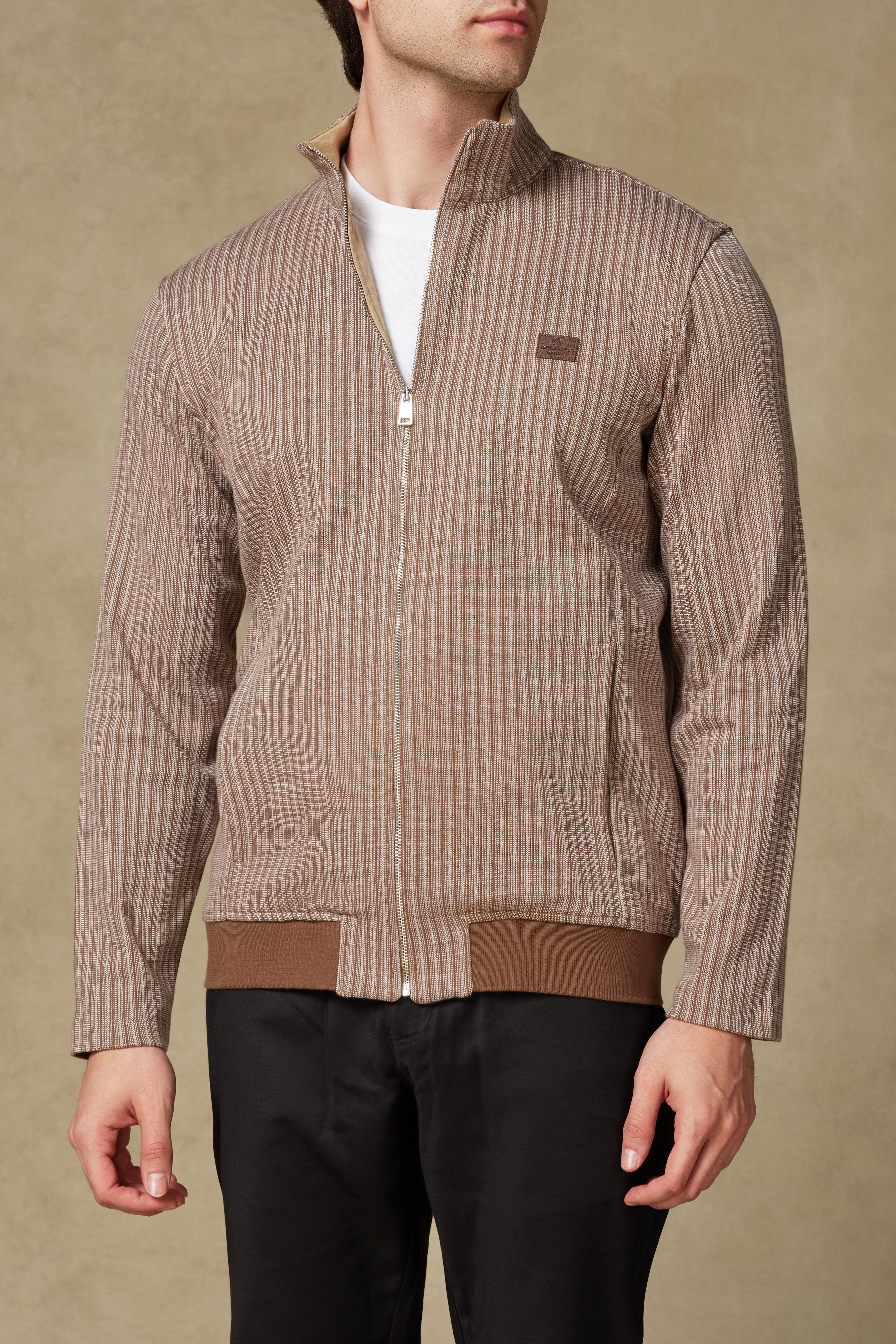 Abbate Edon Örme Kumaş Pamuklu Modern Fit Kahverengi Dik Yaka Erkek Çizgili Sweatshirt