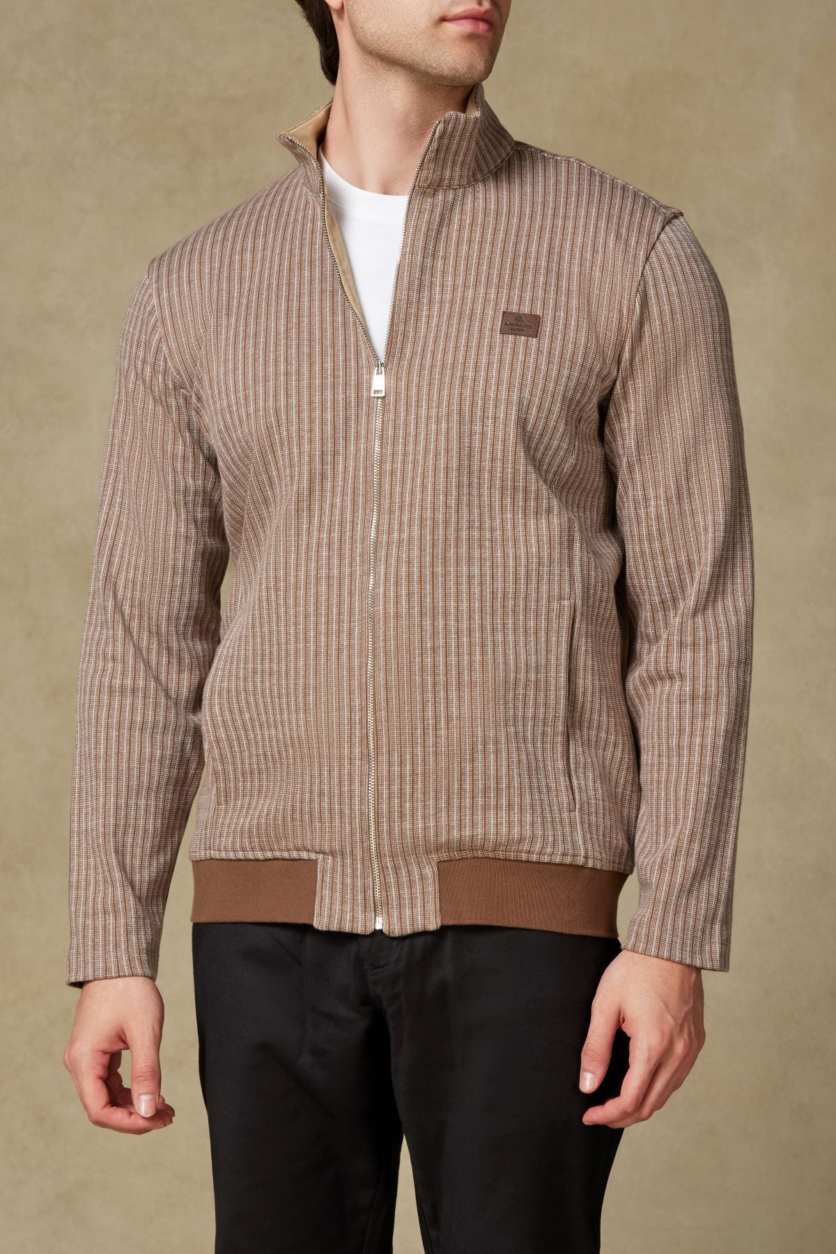Abbate Edon Örme Kumaş Pamuklu Modern Fit Kahverengi Dik Yaka Erkek Çizgili Sweatshirt