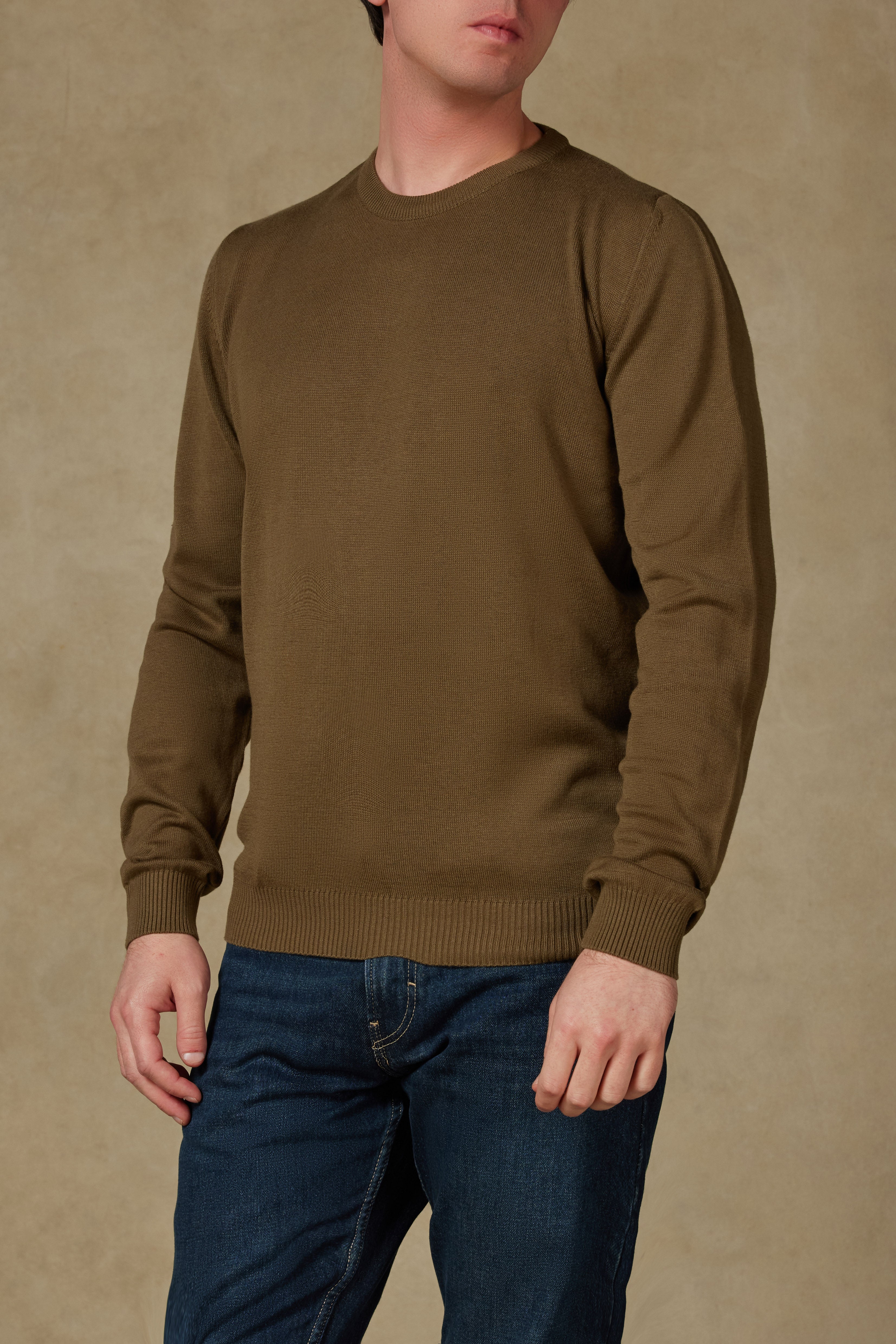 Abbate Suave Örme Kumaş Pamuklu Modern Fit Haki Bisiklet Yaka Erkek Düz Triko