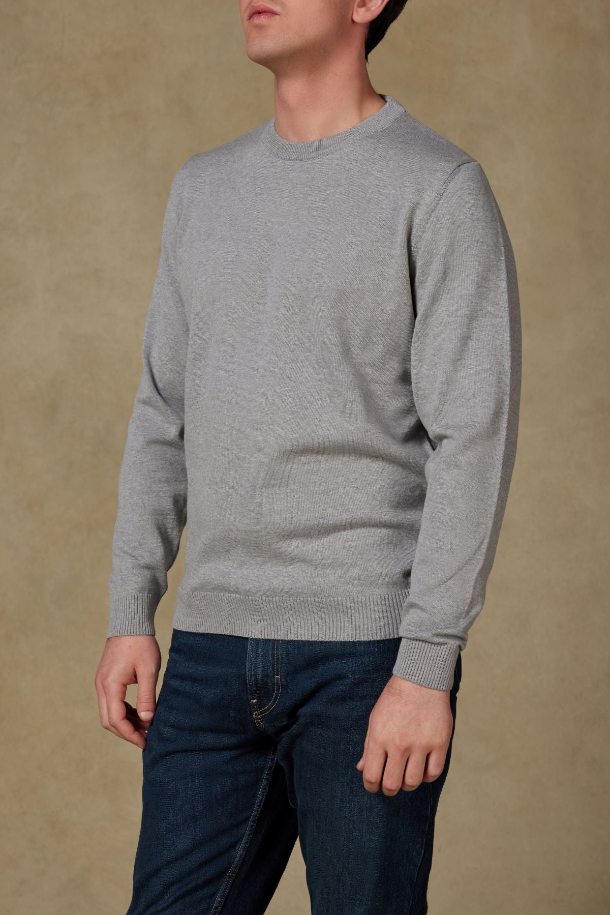 Abbate Suave Örme Kumaş Pamuklu Modern Fit Açık Gri Bisiklet Yaka Erkek Düz Triko