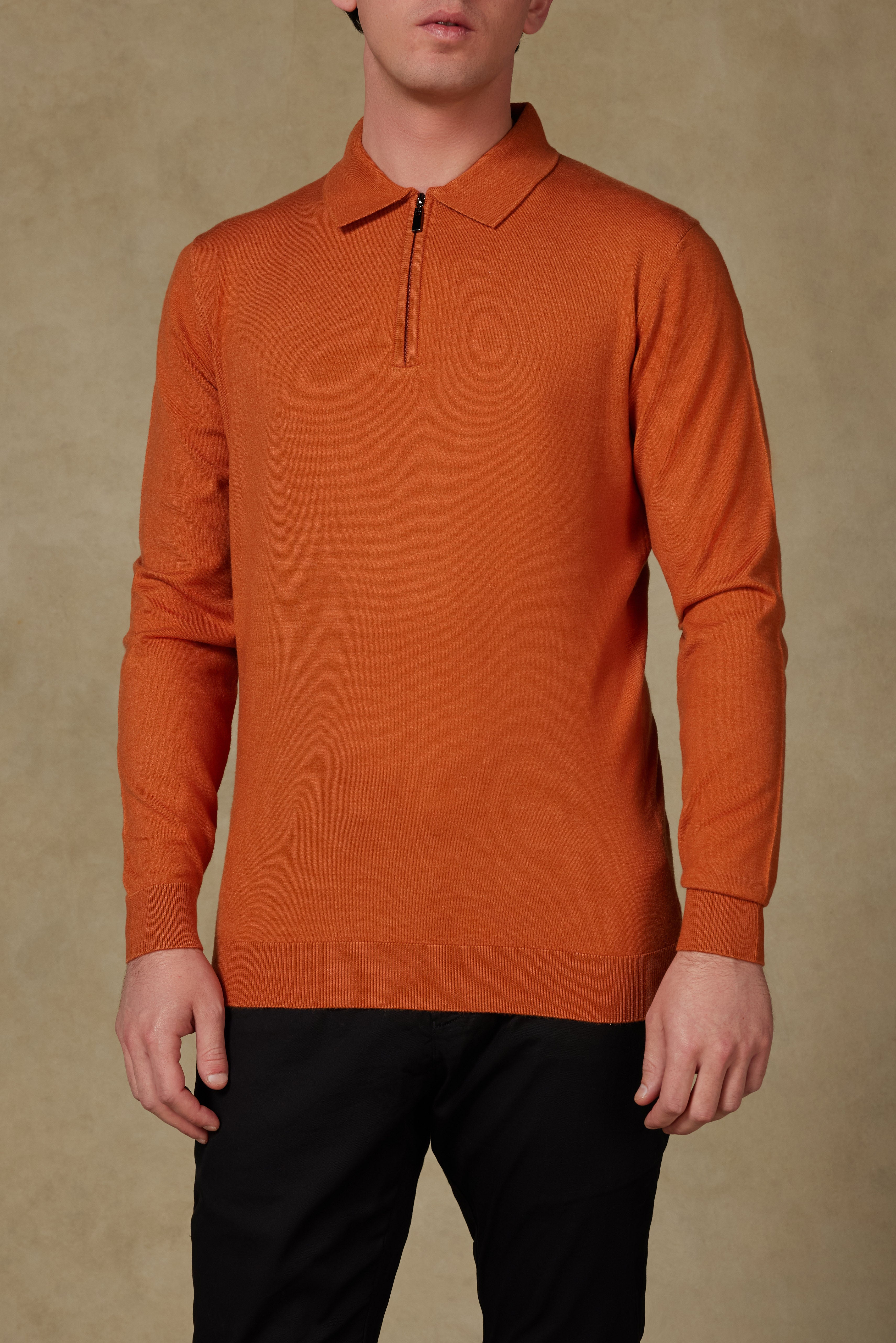 Abbate Claro Örme Kumaş Kaşmir Karışımlı Modern Fit Kiremit Polo Yaka Erkek Düz Triko