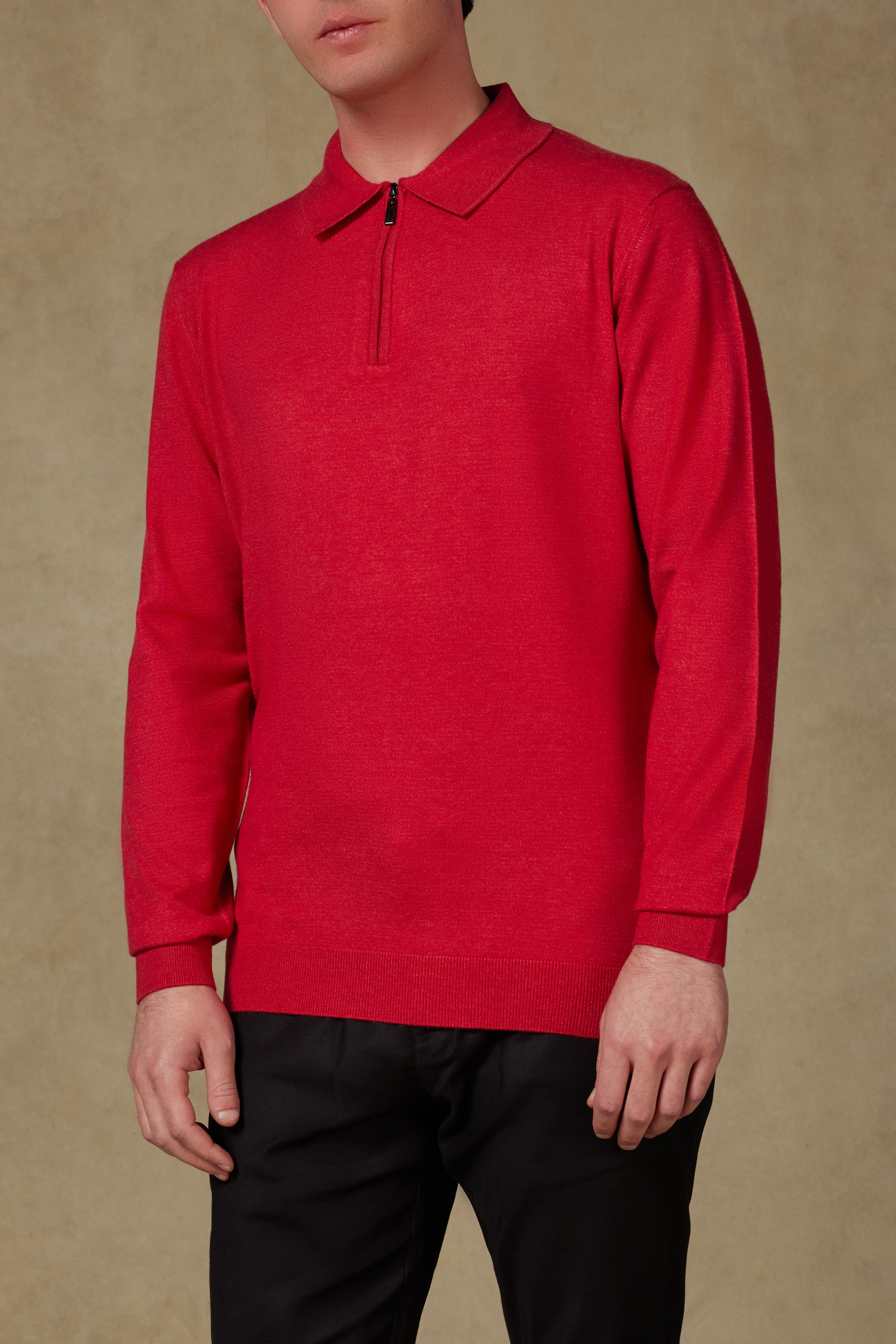 Abbate Claro Örme Kumaş Kaşmir Karışımlı Modern Fit Kırmızı Polo Yaka Erkek Düz Triko