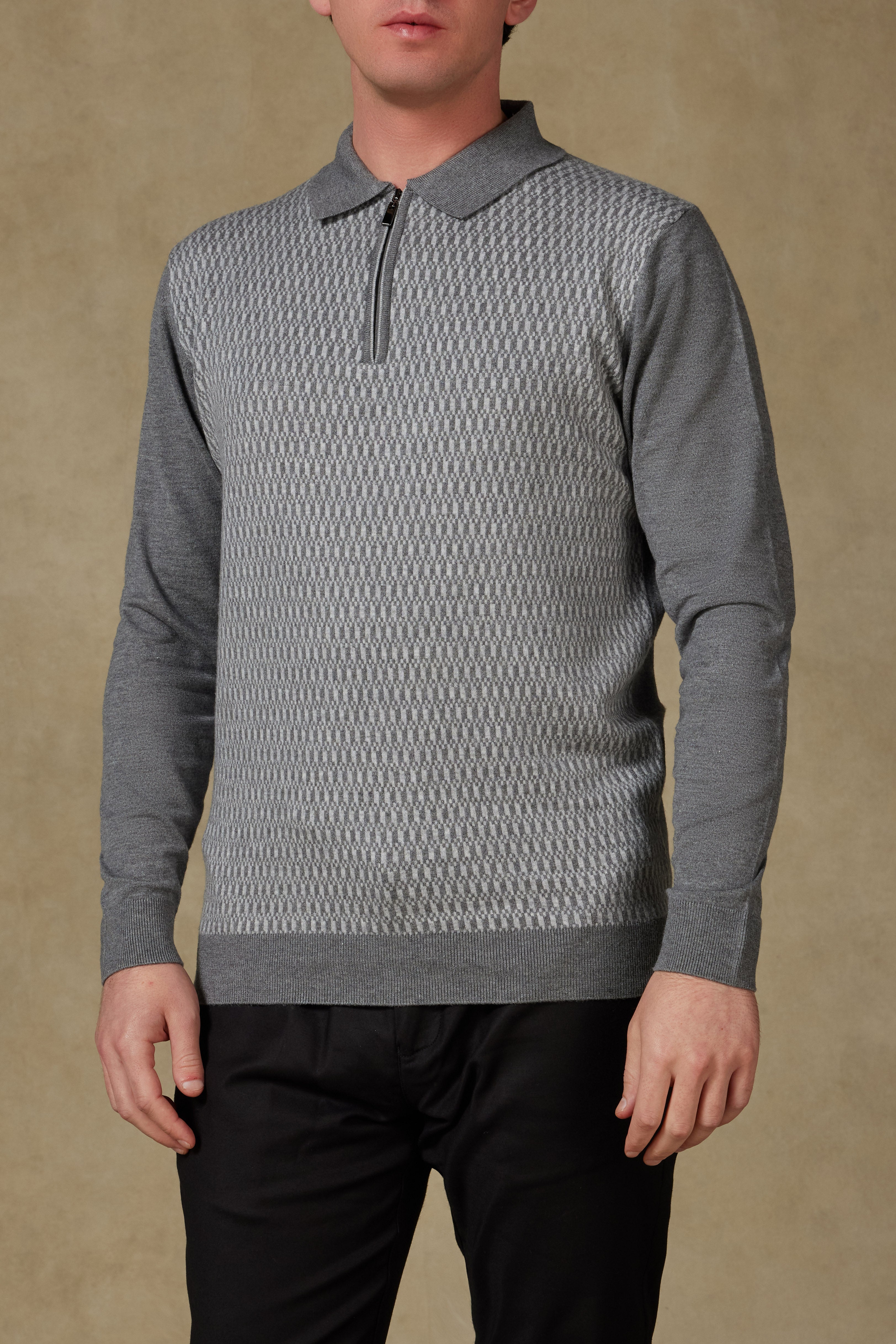 Abbate Claro Örme Kumaş Kaşmir Karışımlı Modern Fit Gri Polo Yaka Erkek Desenli Triko