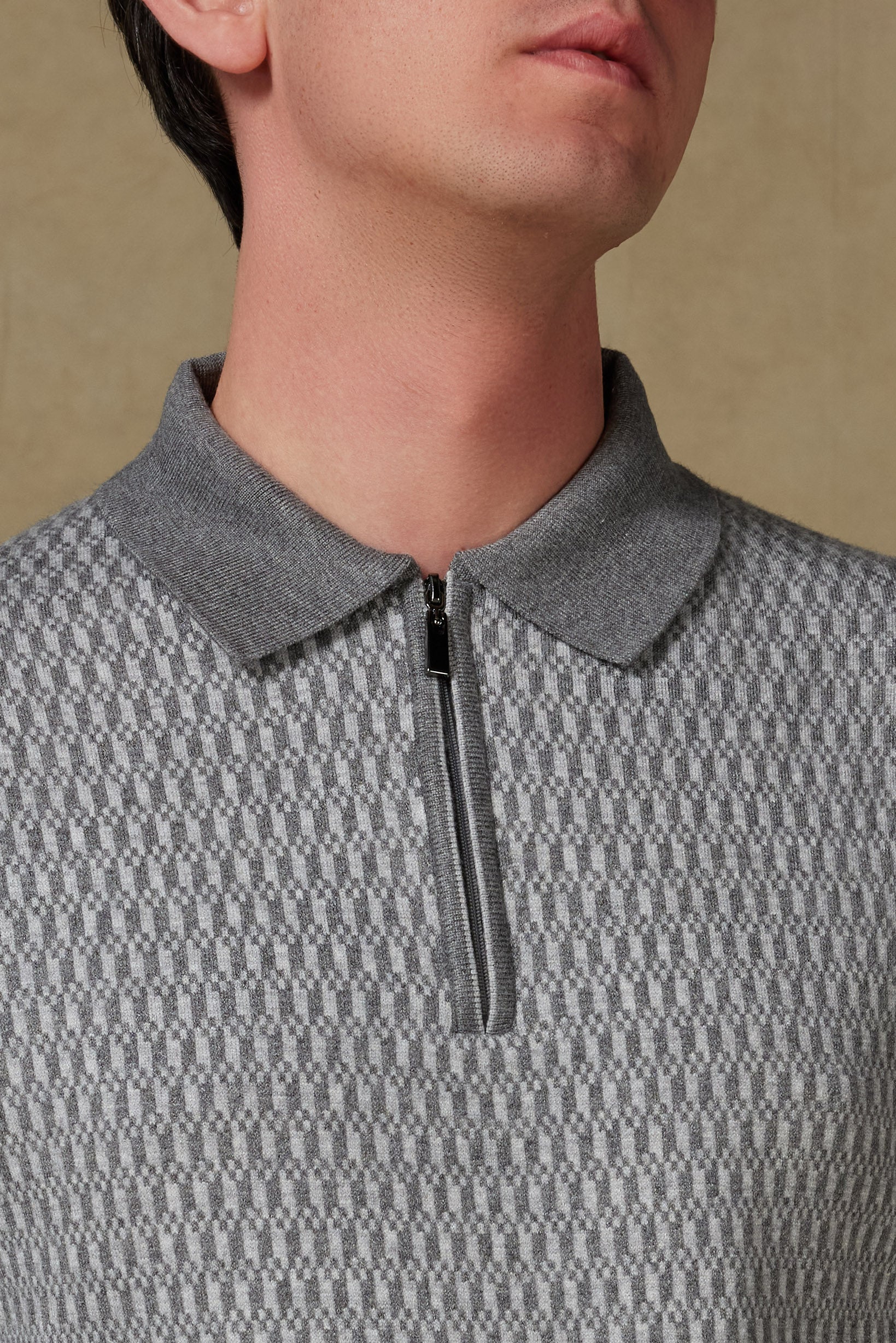 Abbate Claro Örme Kumaş Kaşmir Karışımlı Modern Fit Gri Polo Yaka Erkek Desenli Triko