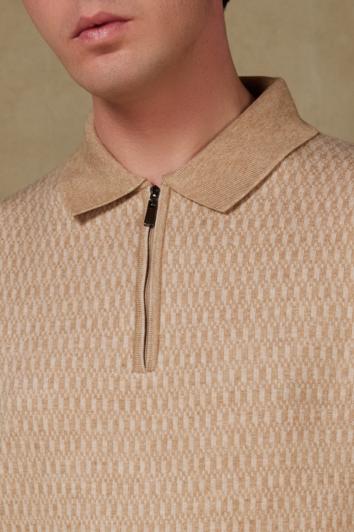 Abbate Claro Örme Kumaş Kaşmir Karışımlı Modern Fit Bej Polo Yaka Erkek Desenli Triko