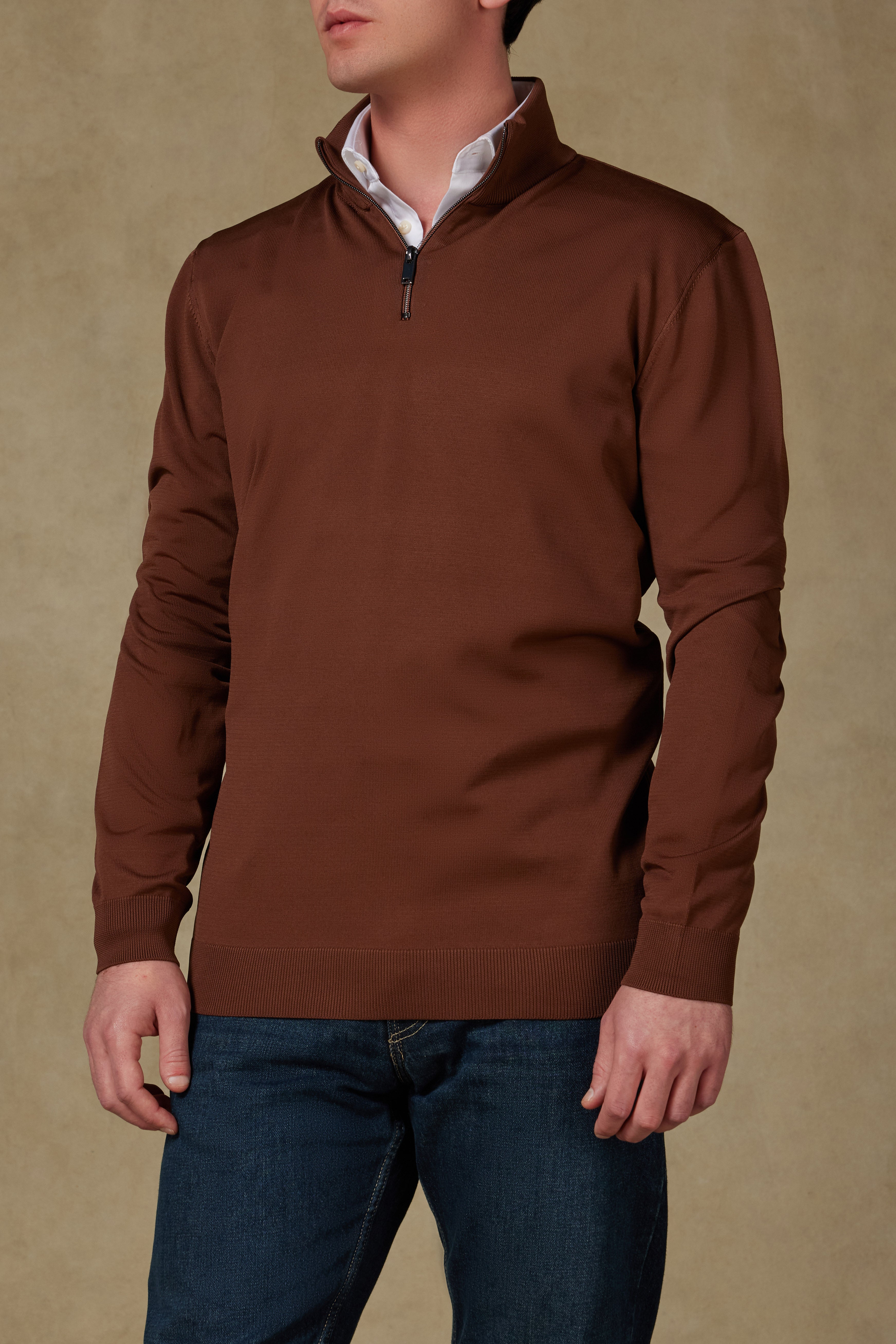 Abbate Velo Örme Kumaş Rayon Karışımlı Modern Fit Kahverengi Dik Yaka Erkek Düz Triko