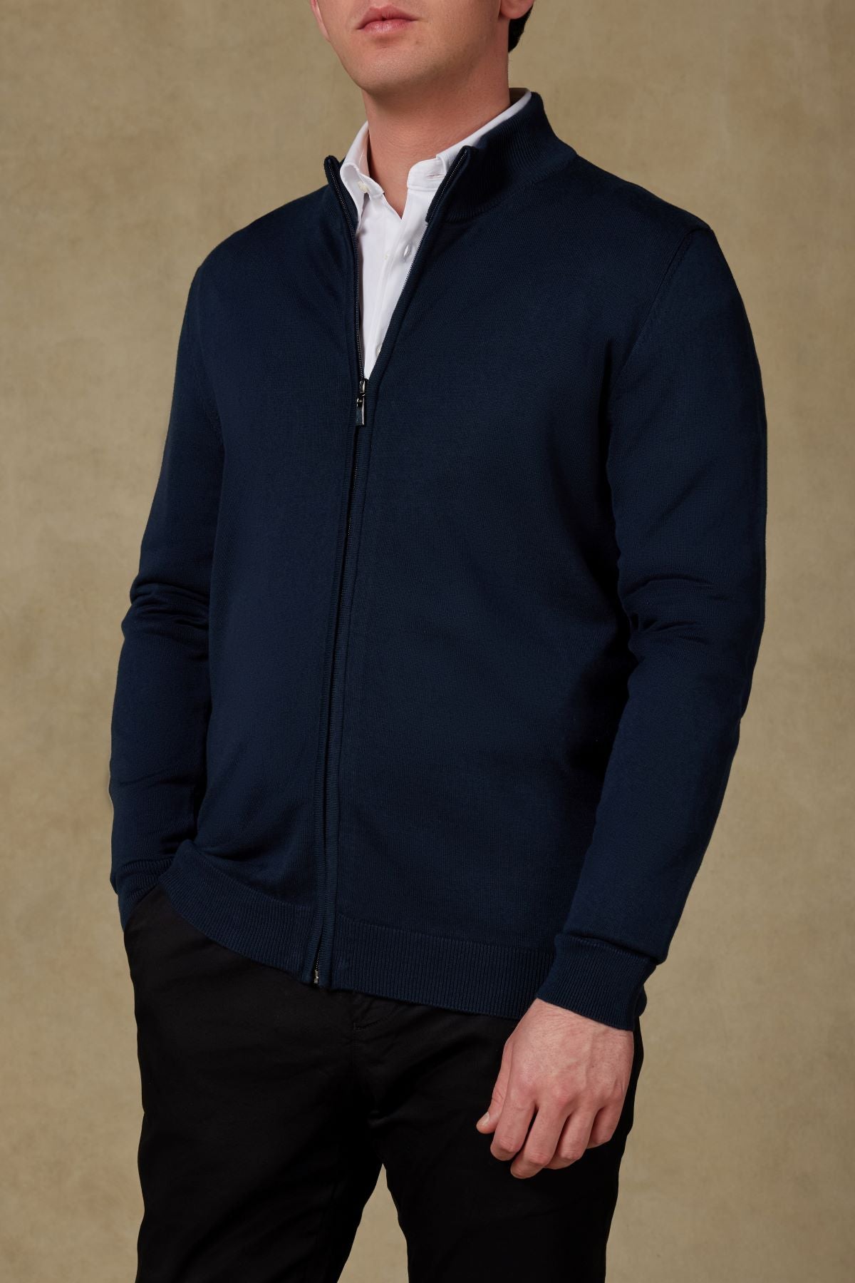 Abbate Seta Örme Kumaş Pamuklu Modern Fit Lacivert Dik Yaka Erkek Düz Triko