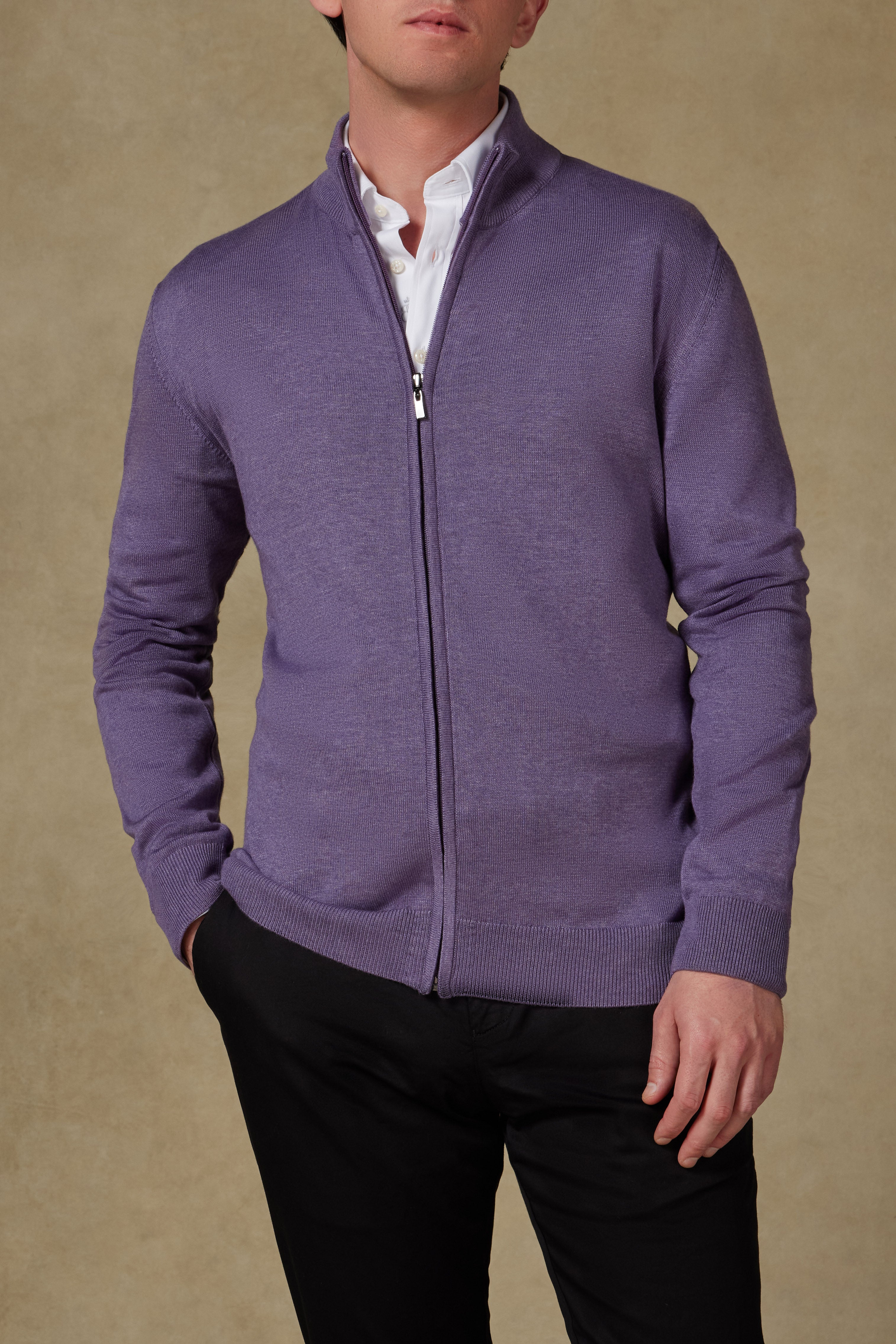 Abbate Seta Örme Kumaş Pamuklu Modern Fit Mürdüm Dik Yaka Erkek Düz Triko