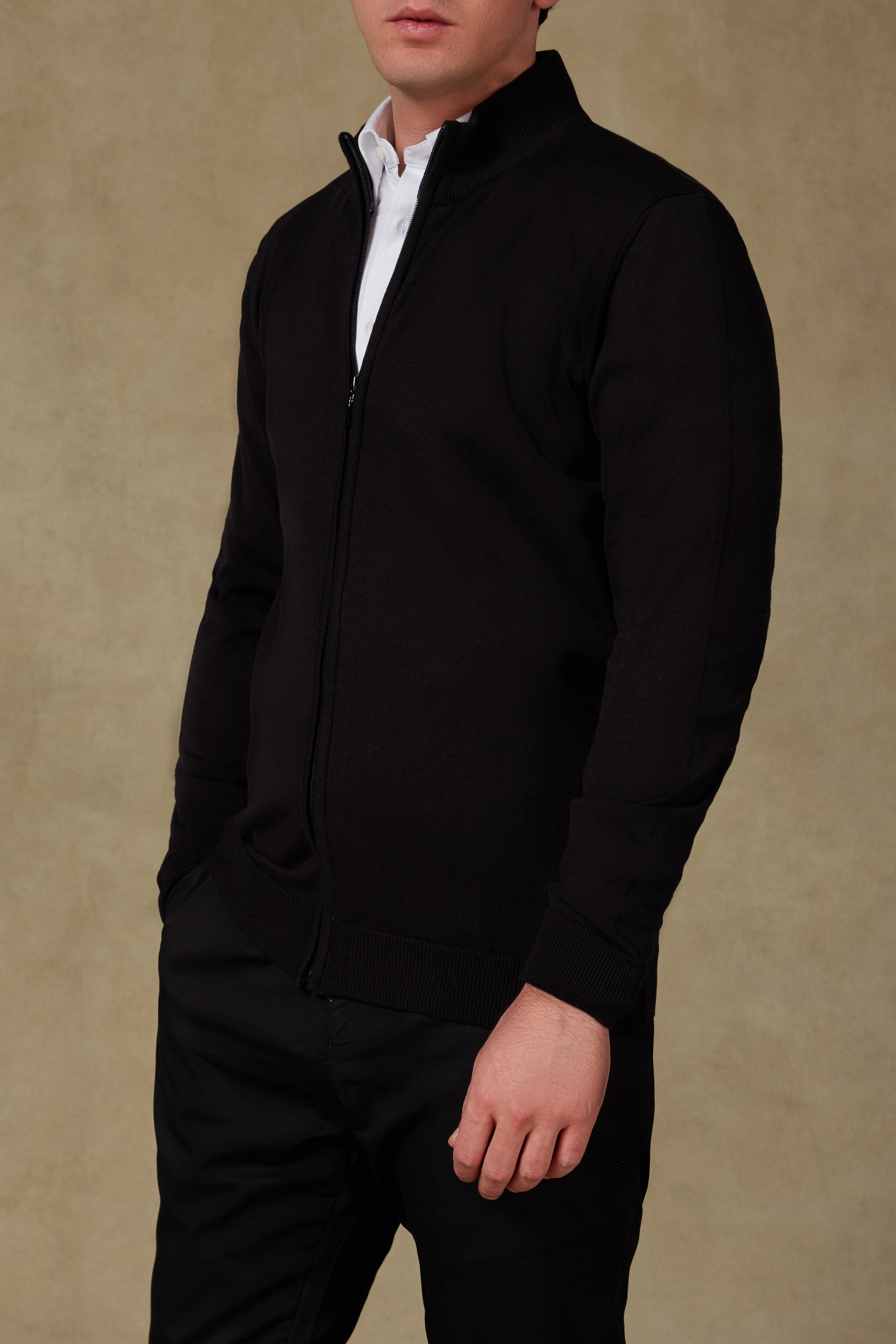 Abbate Seta Örme Kumaş Pamuklu Modern Fit Siyah Dik Yaka Erkek Düz Triko