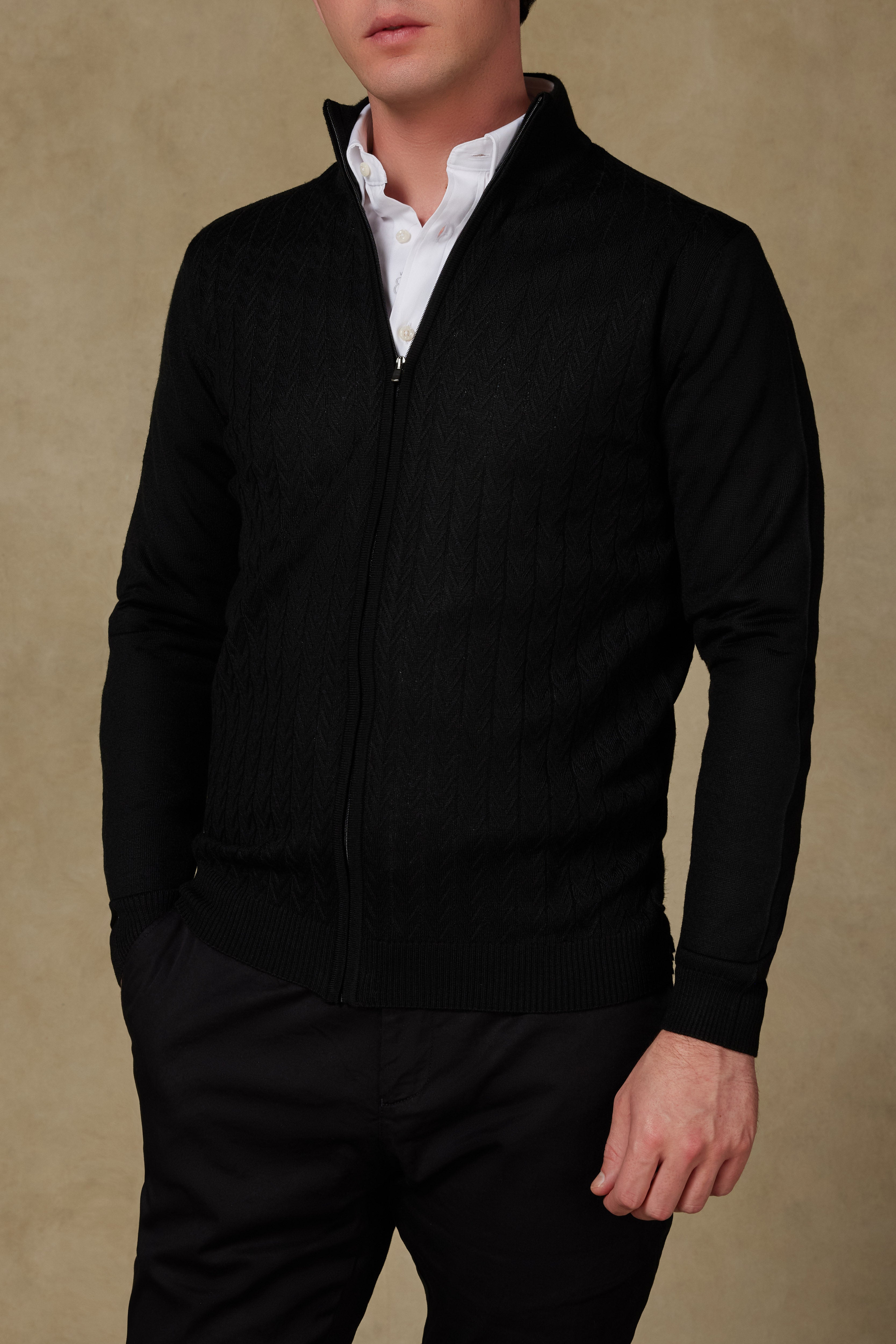 Abbate Seta Örme Kumaş Yünlü Modern Fit Siyah Dik Yaka Erkek Desenli Triko