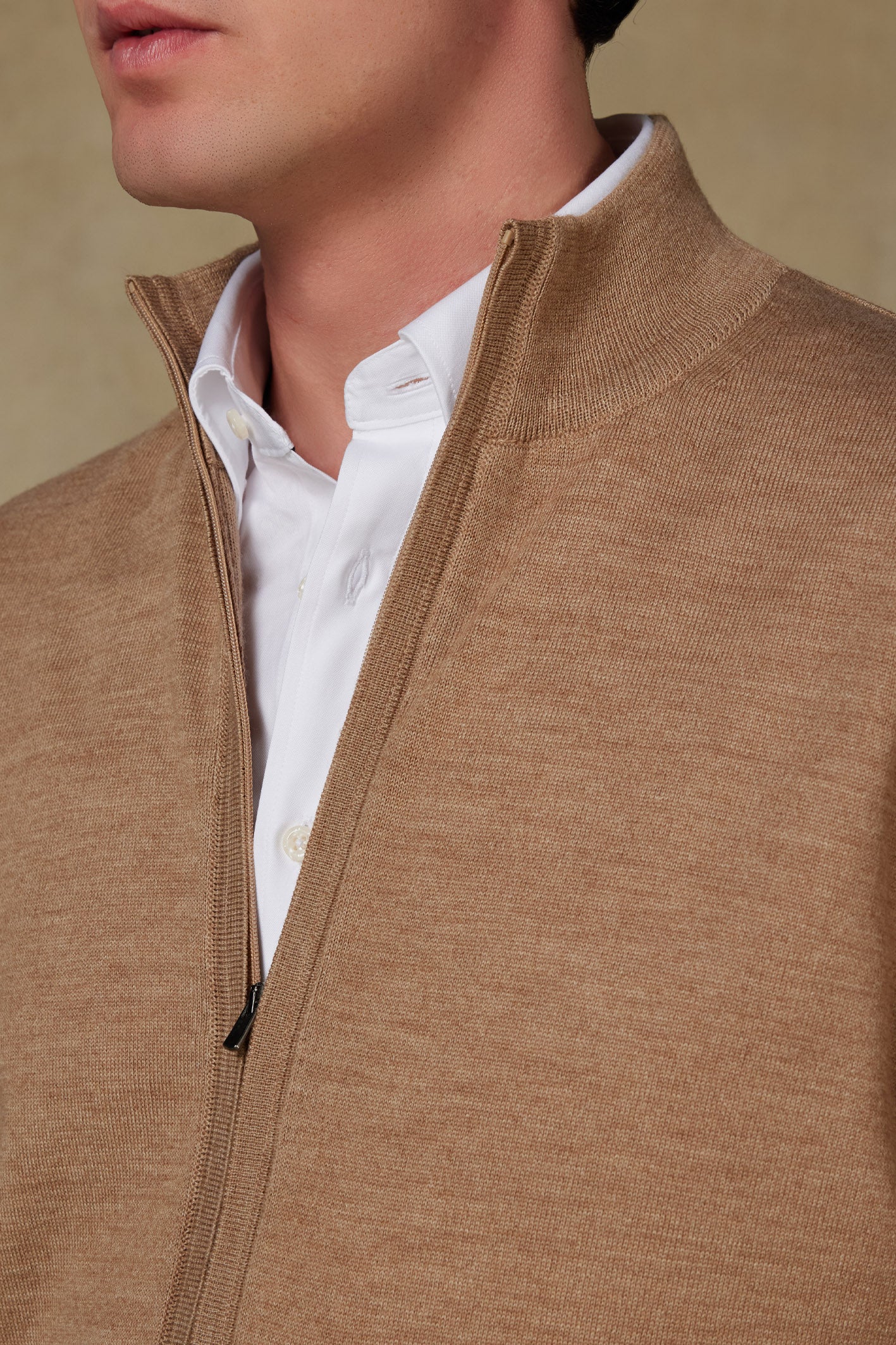 Abbate Seta Örme Kumaş Yünlü Modern Fit Bej Dik Yaka Erkek Düz Triko