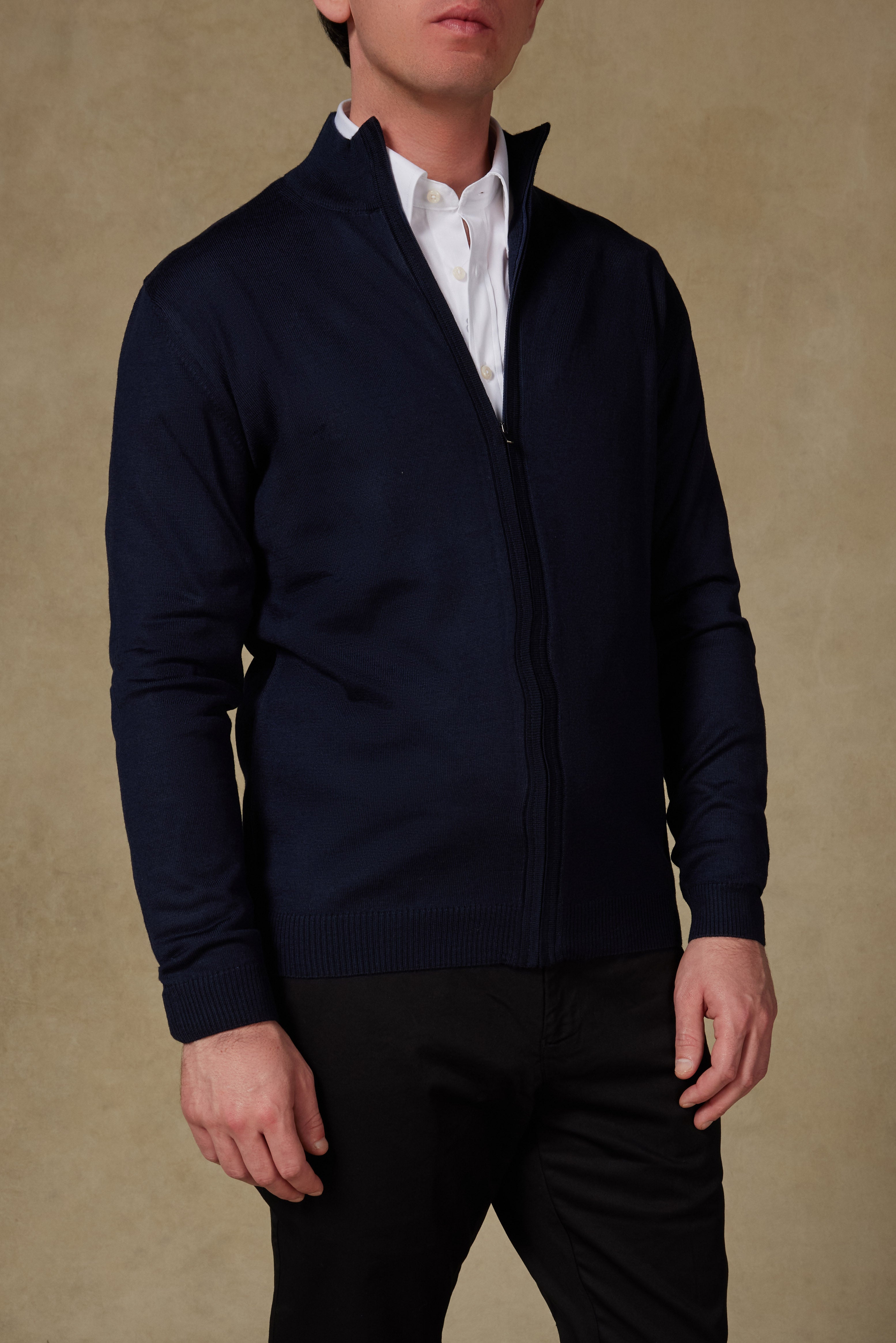 Abbate Seta Örme Kumaş Yünlü Modern Fit Lacivert Dik Yaka Erkek Düz Triko