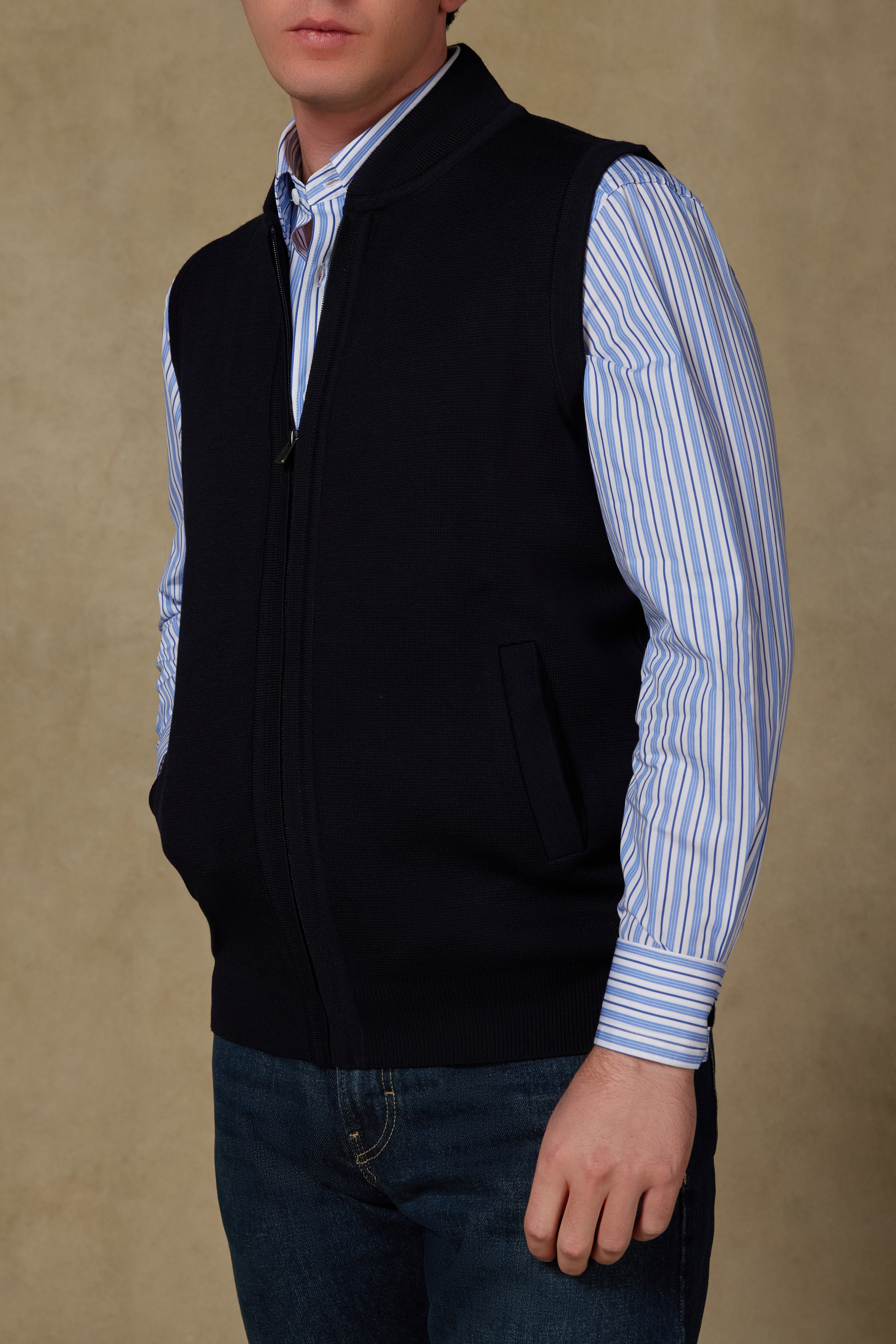 Abbate Forte Örme Kumaş Yünlü Modern Fit Lacivert Dik Yaka Erkek Düz Triko