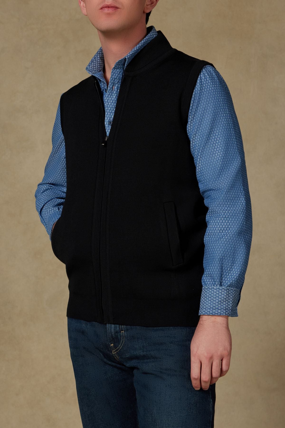 Abbate Forte Örme Kumaş Yünlü Modern Fit Siyah Dik Yaka Erkek Düz Triko