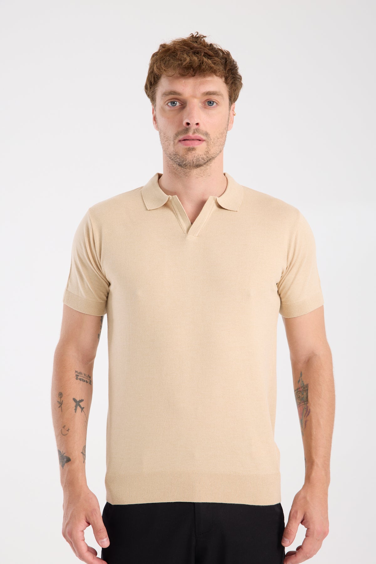 AClub Alfa Örme Kumaş Viskon Karışımlı Slim Fit Koyu Bej Polo Yaka Erkek Düz Polo Shirt
