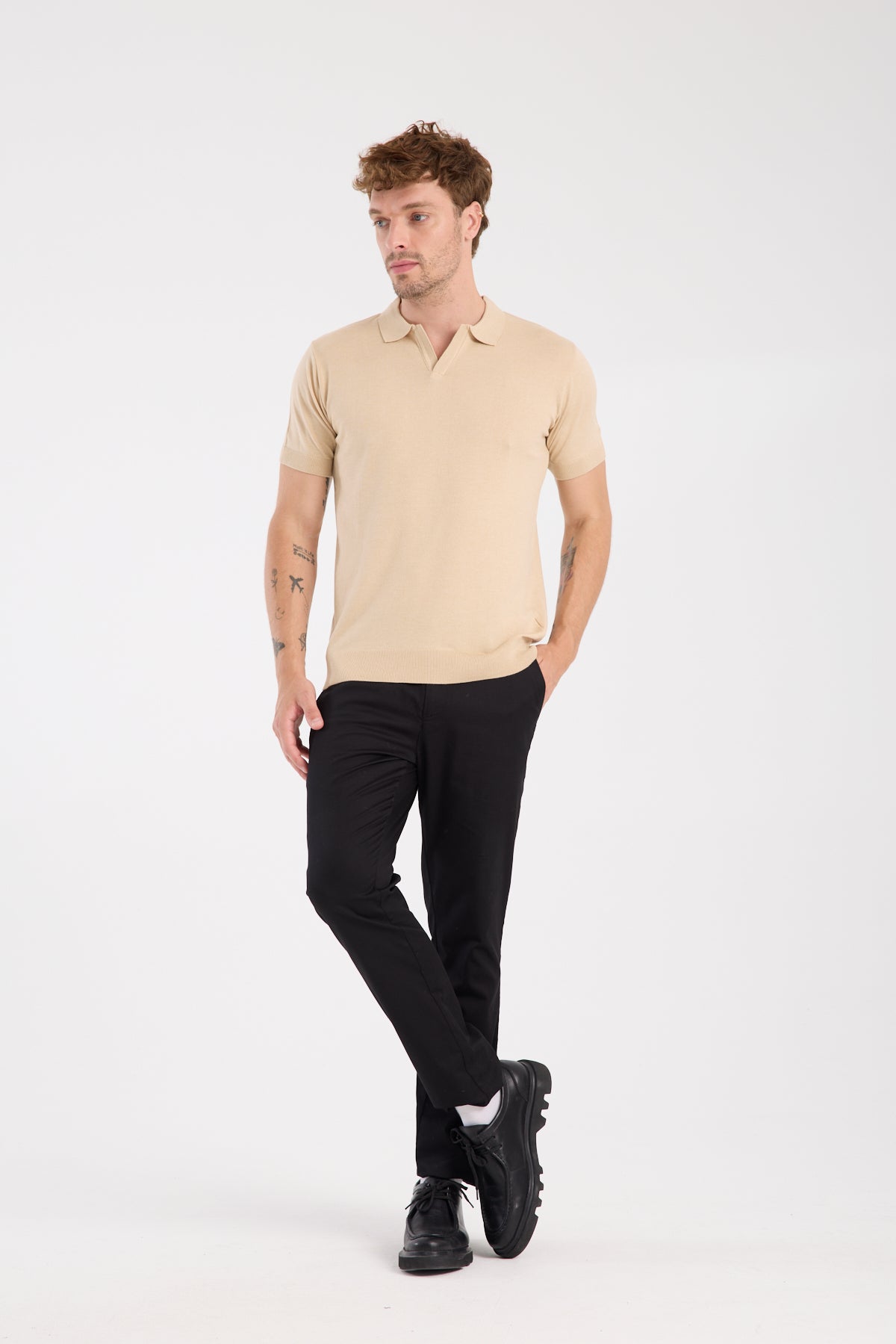 AClub Alfa Örme Kumaş Viskon Karışımlı Slim Fit Koyu Bej Polo Yaka Erkek Düz Polo Shirt