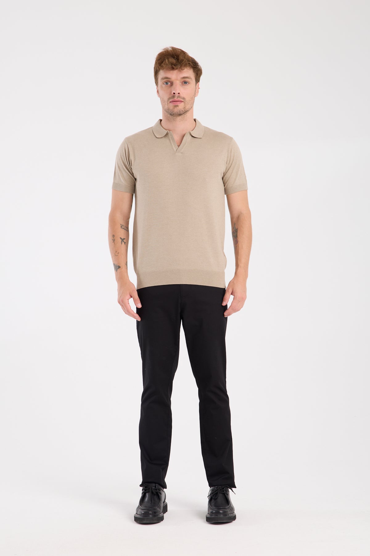 AClub Alfa Örme Kumaş Viskon Karışımlı Slim Fit Vizon Polo Yaka Erkek Düz Polo Shirt