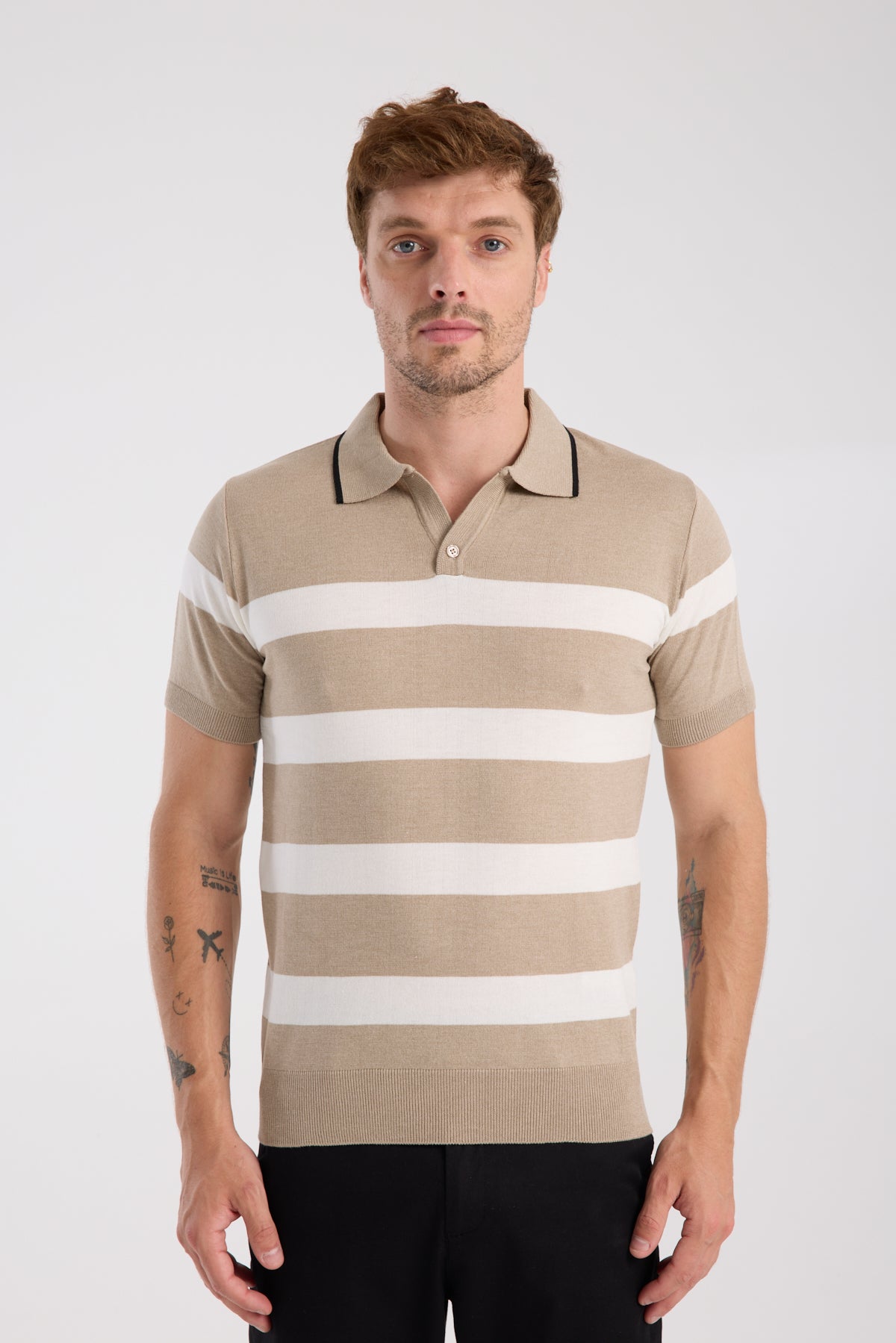 AClub Bravo Örme Kumaş Viskon Karışımlı Slim Fit Vizon Polo Yaka Erkek Çizgili Polo Shirt