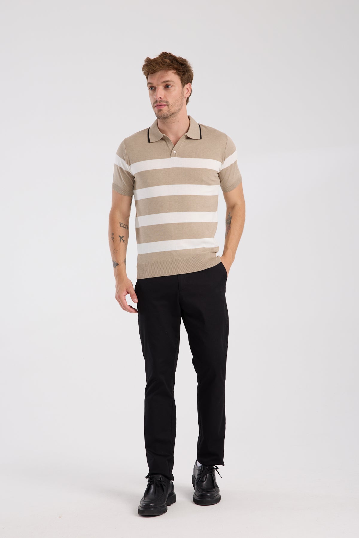 AClub Bravo Örme Kumaş Viskon Karışımlı Slim Fit Vizon Polo Yaka Erkek Çizgili Polo Shirt