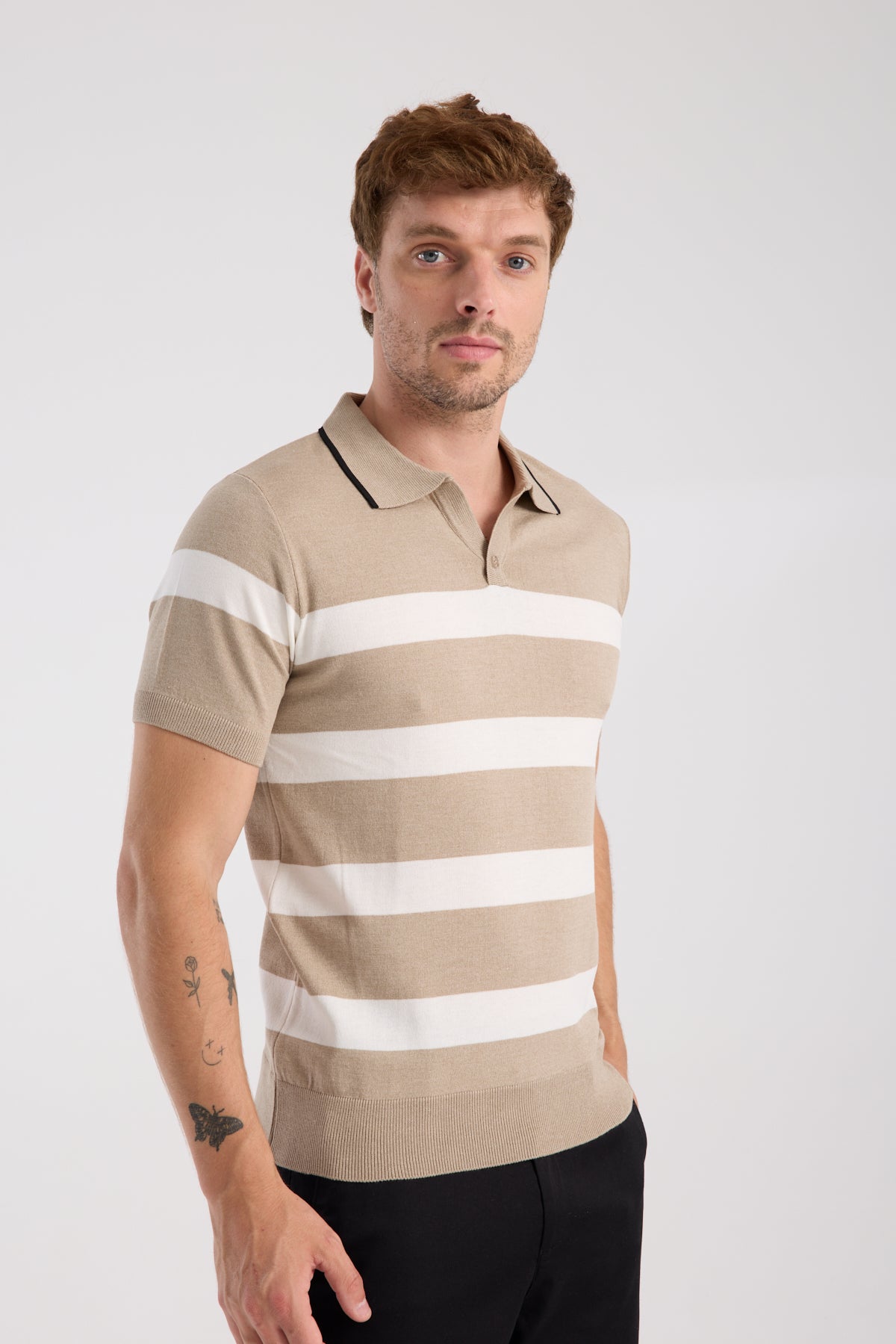 AClub Bravo Örme Kumaş Viskon Karışımlı Slim Fit Vizon Polo Yaka Erkek Çizgili Polo Shirt