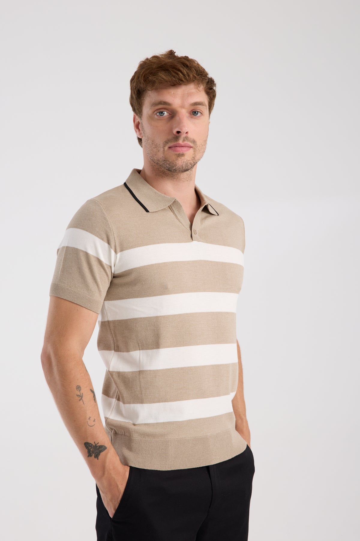 AClub Bravo Örme Kumaş Viskon Karışımlı Slim Fit Vizon Polo Yaka Erkek Çizgili Polo Shirt